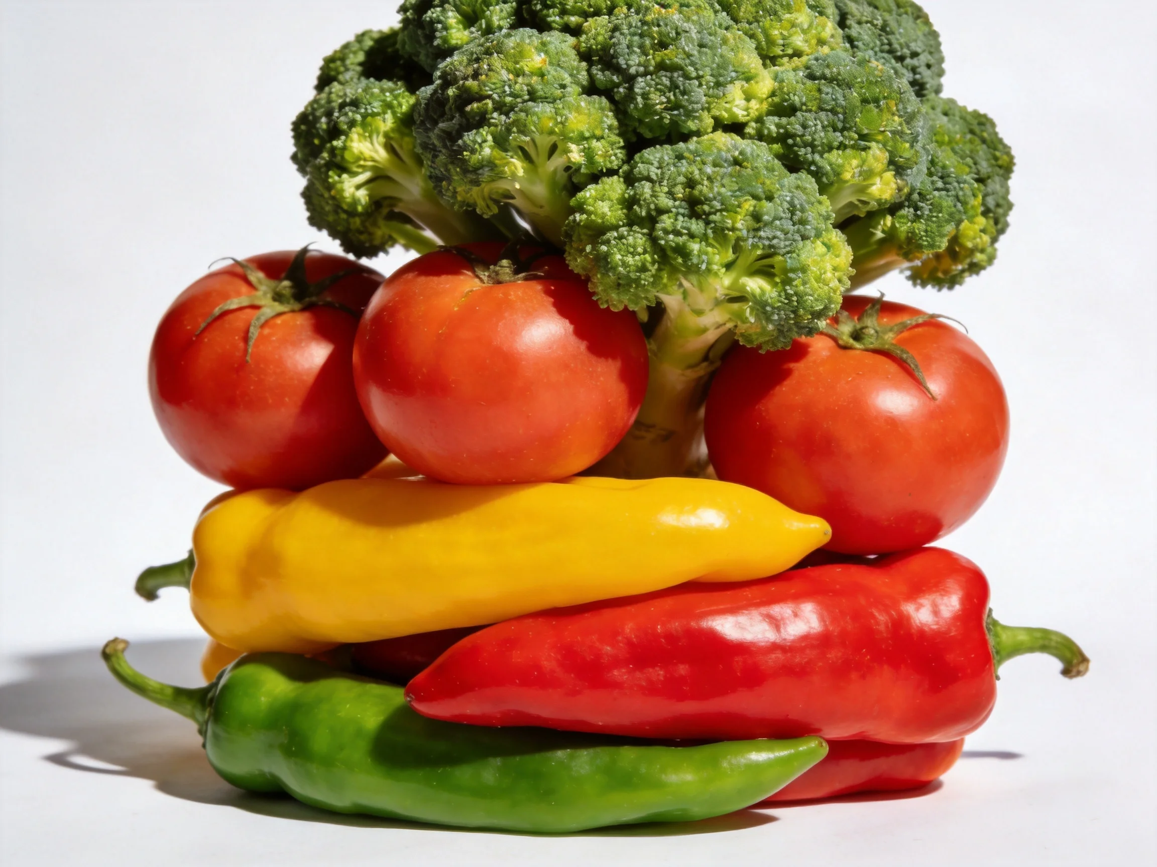 A vibrant stack of vegetables with broccoli, tomatoes, and colorful peppers