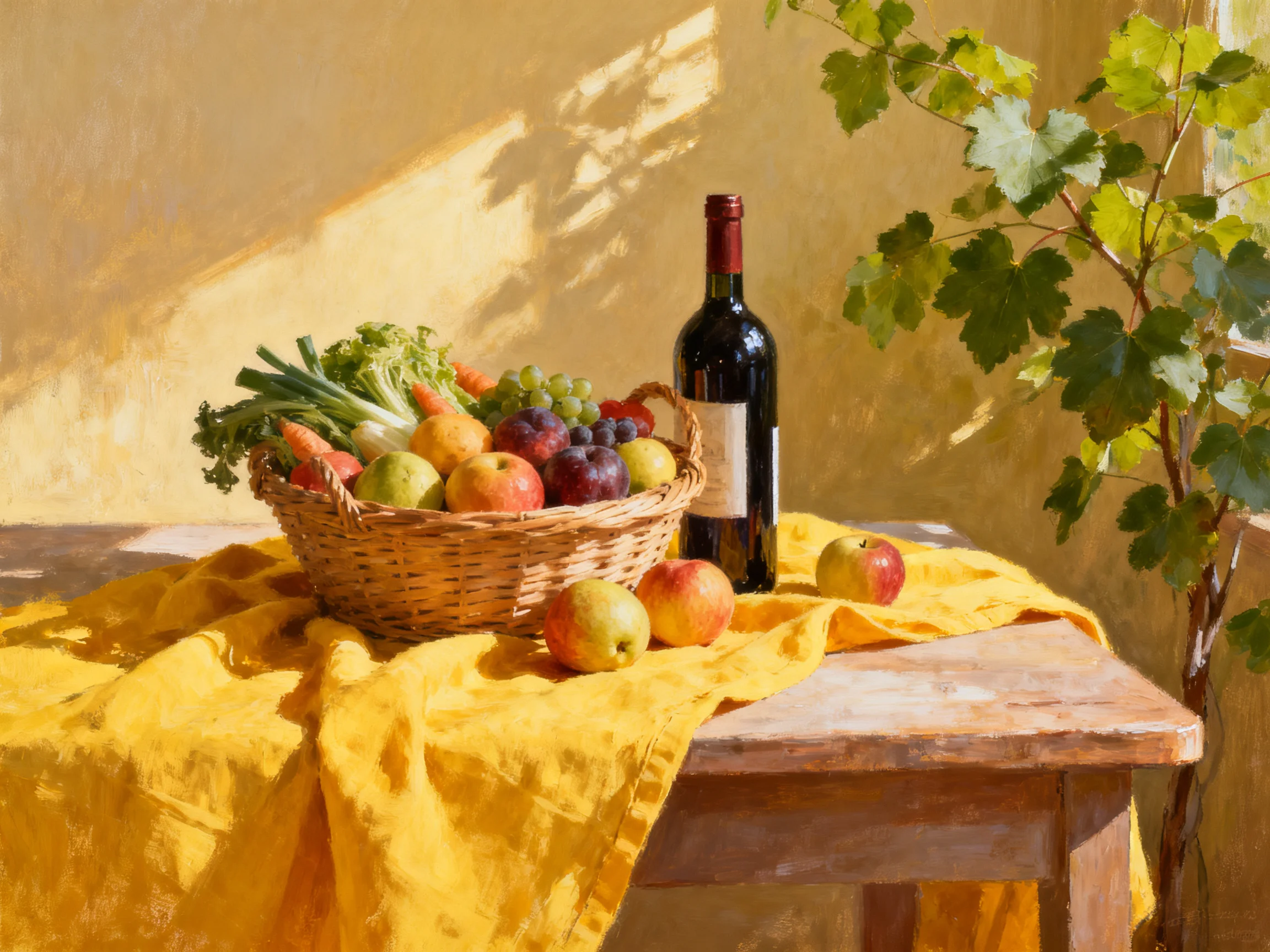 A vibrant still life featuring a wicker basket filled with assorted fruits and vegetables beside a wi