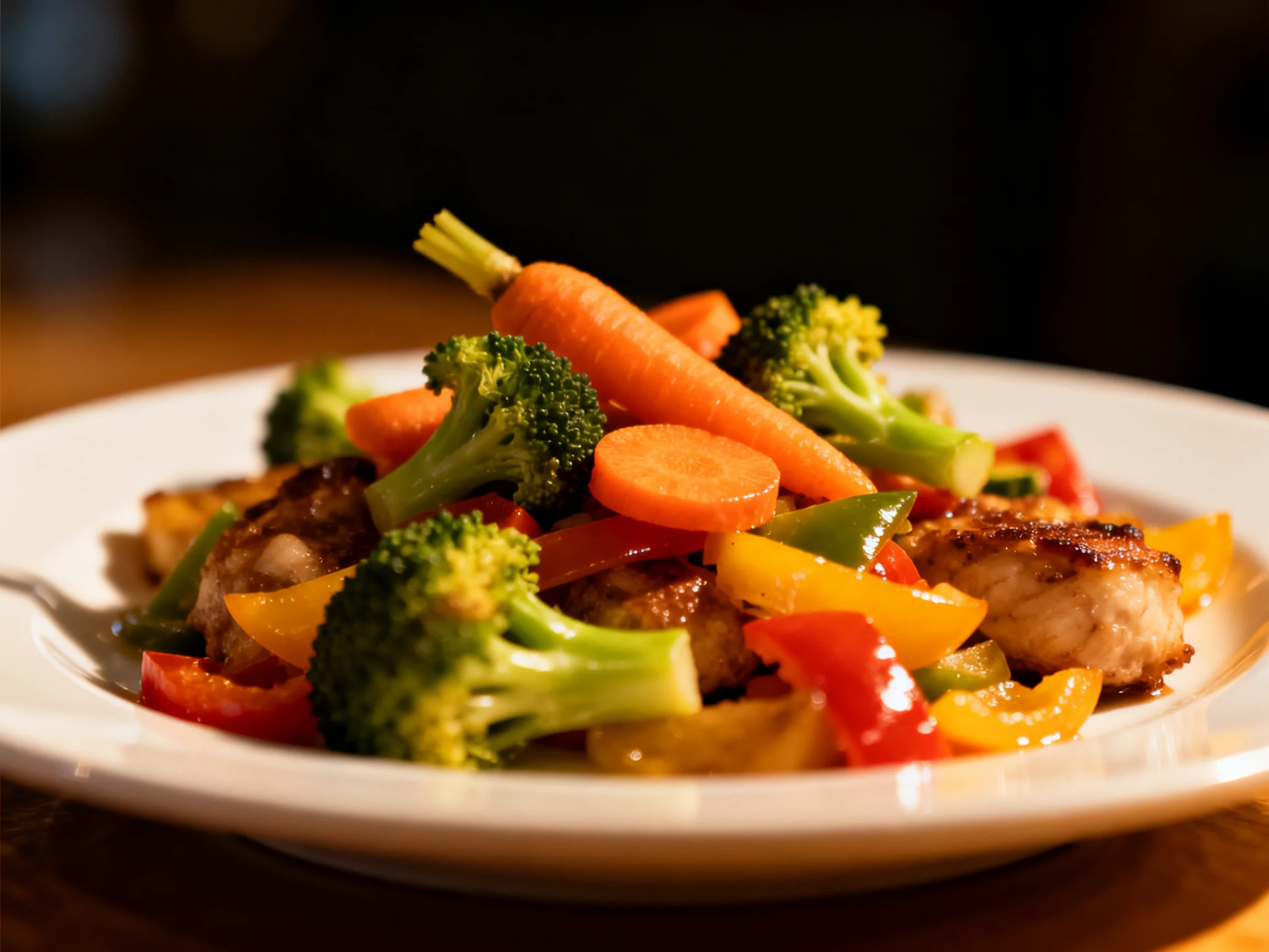 A vibrant stir - fry dish with chicken, veggies, and peppers