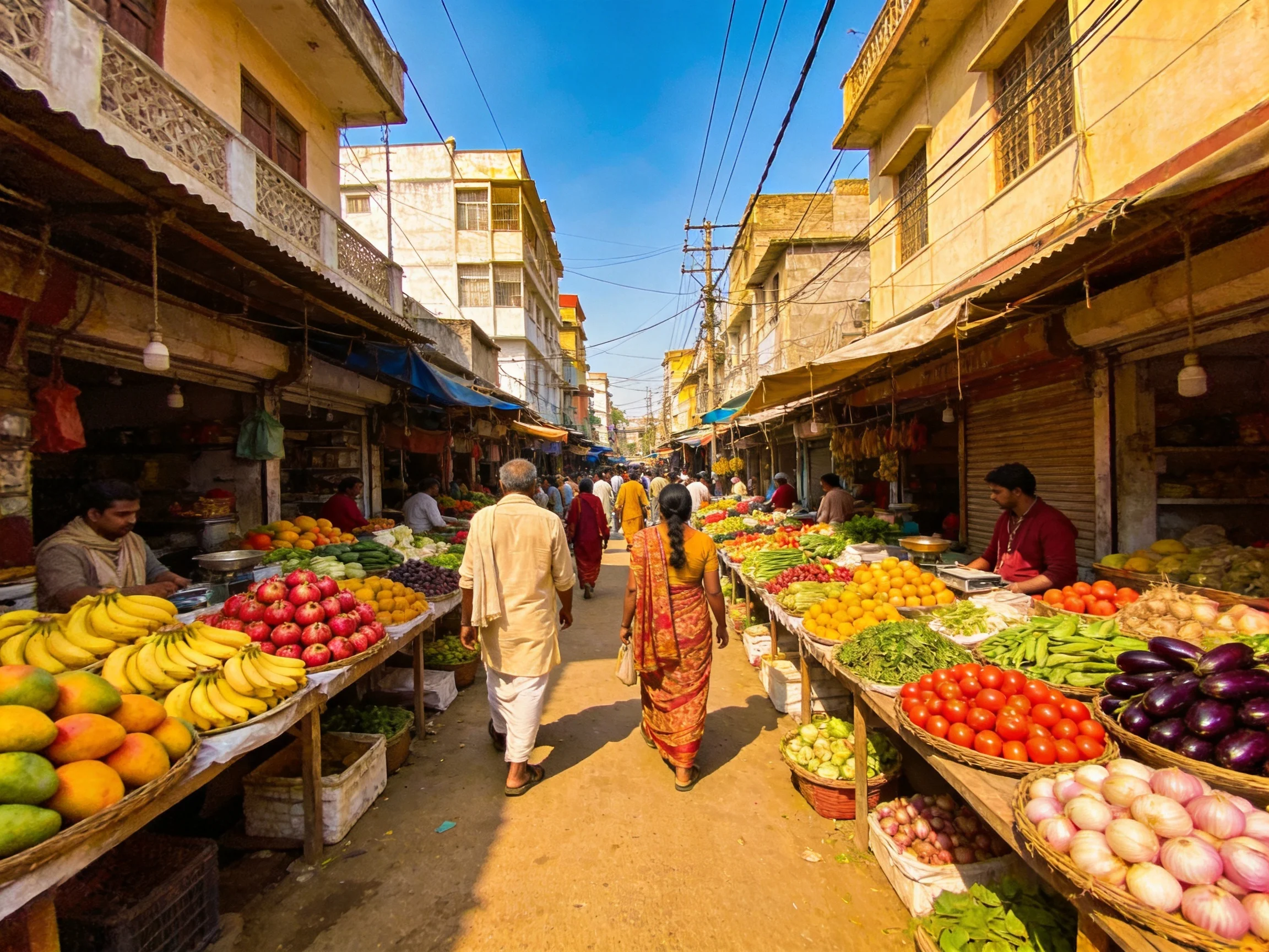 A vibrant street market with abundant colorful fruits and vegetables