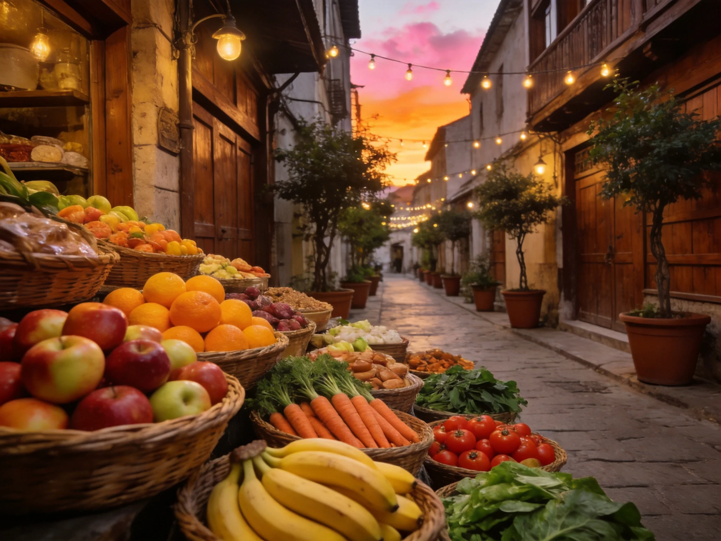 A vibrant street market with fresh fruits and vegetables under a colorful sunset sky