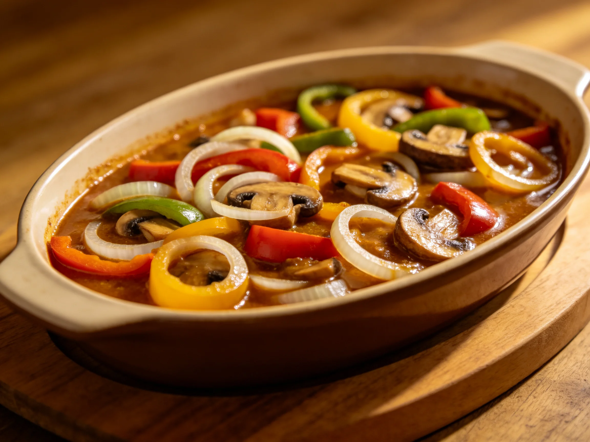 A vibrant vegetable arrangement with mushrooms, peppers, and onion rings in savory sauce