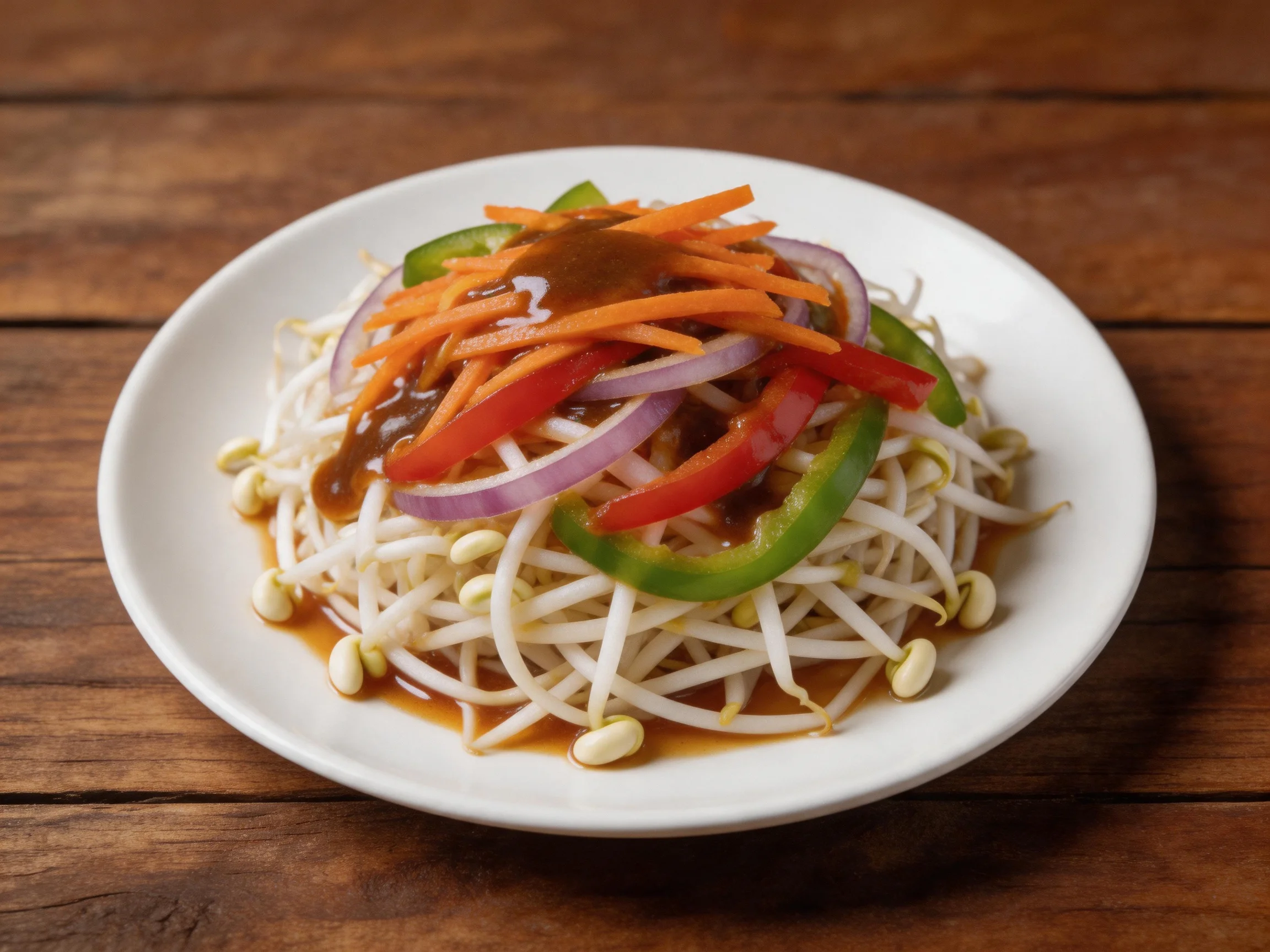 A vibrant vegetable dish with bean sprouts, shredded carrots, red and green peppers, andsauce