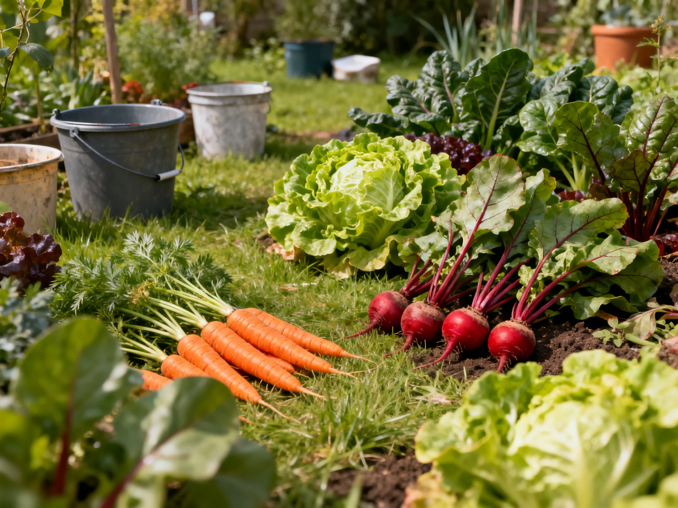 A vibrant vegetable garden with carrots, beets, and leafy greens near metal buckets