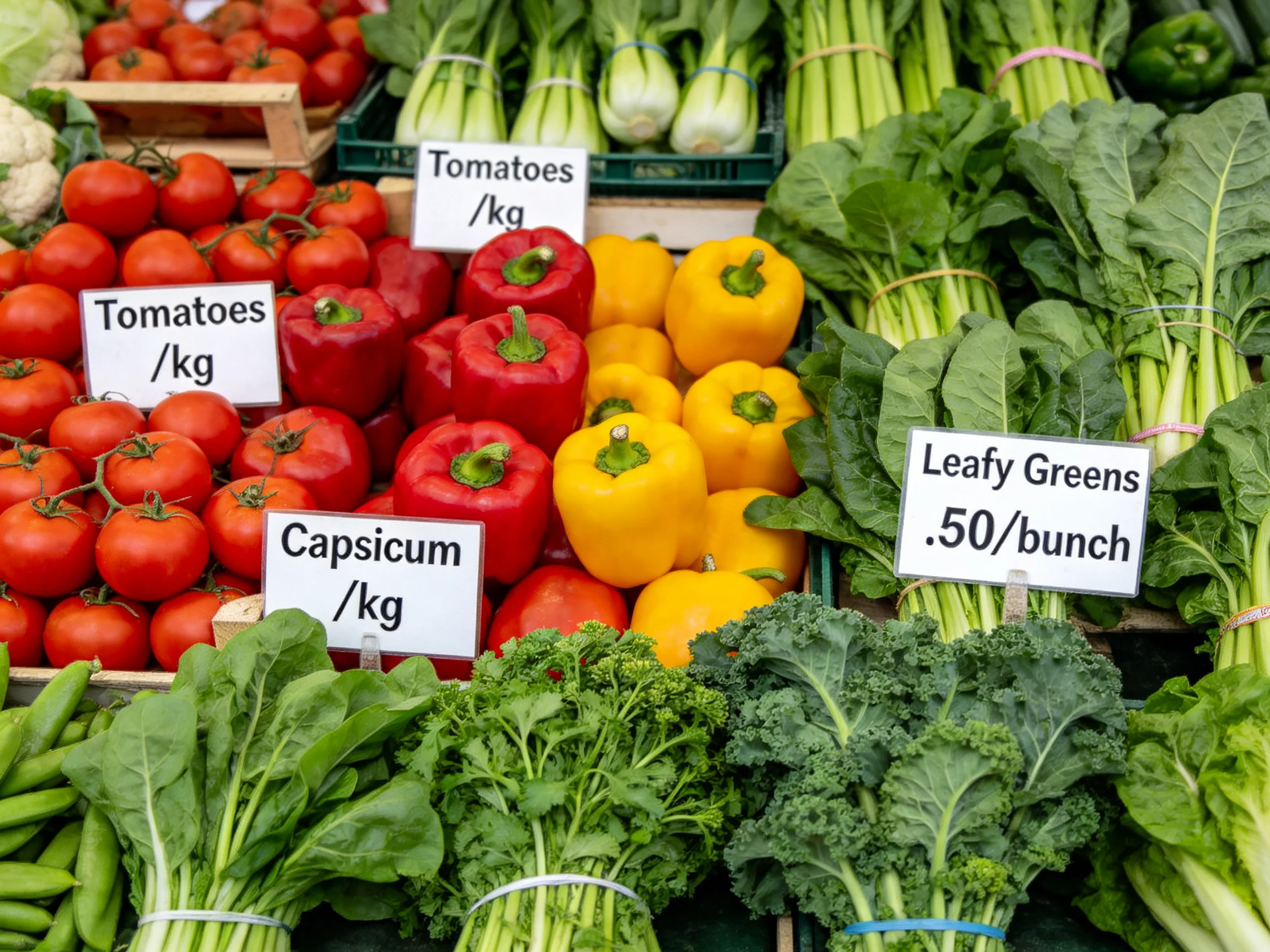 A vibrant vegetable market display of tomatoes, peppers, and leafy greens