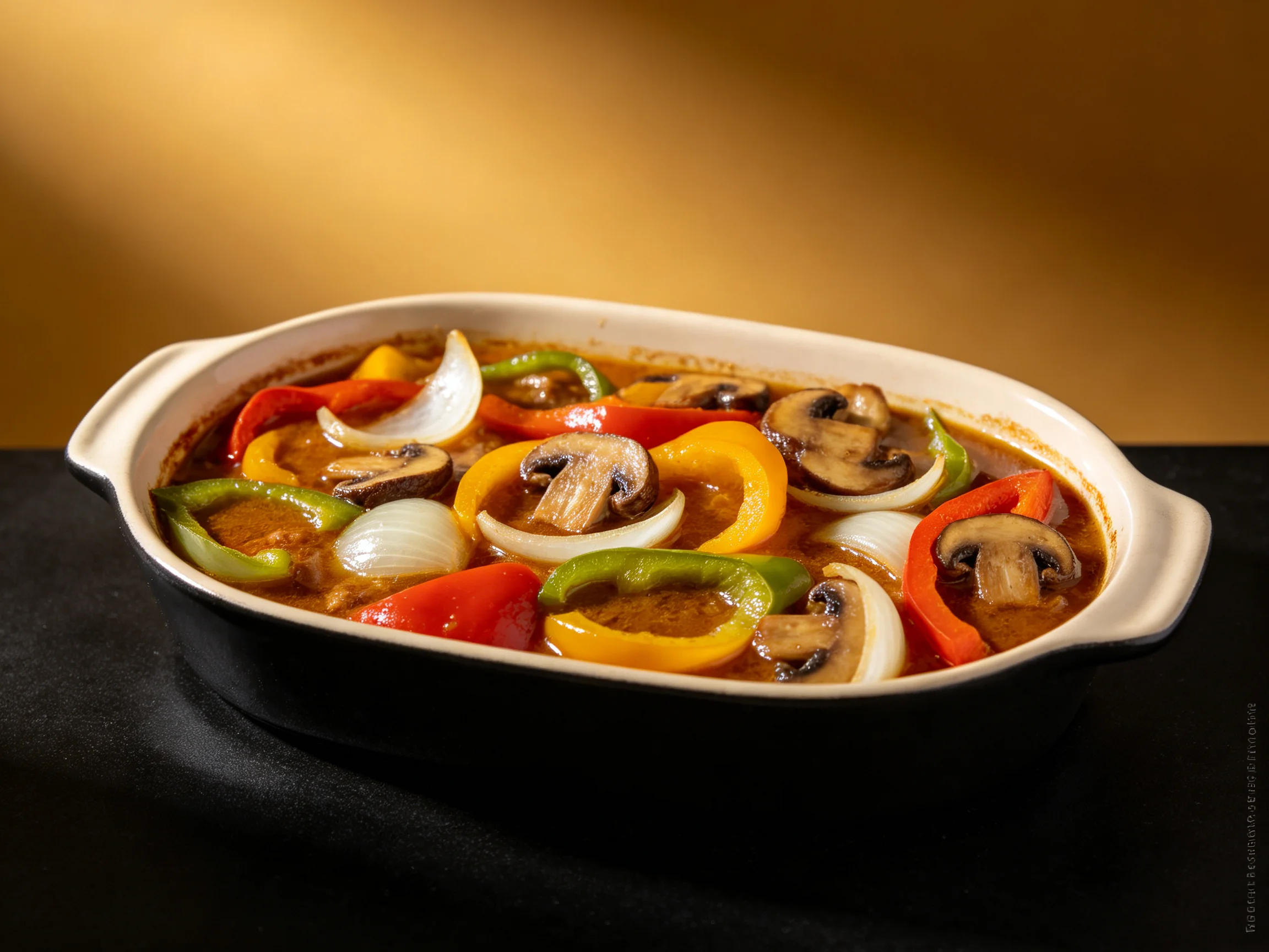 A vibrant vegetable medley featuring peppers, mushrooms, and onions in a ceramic baking dish