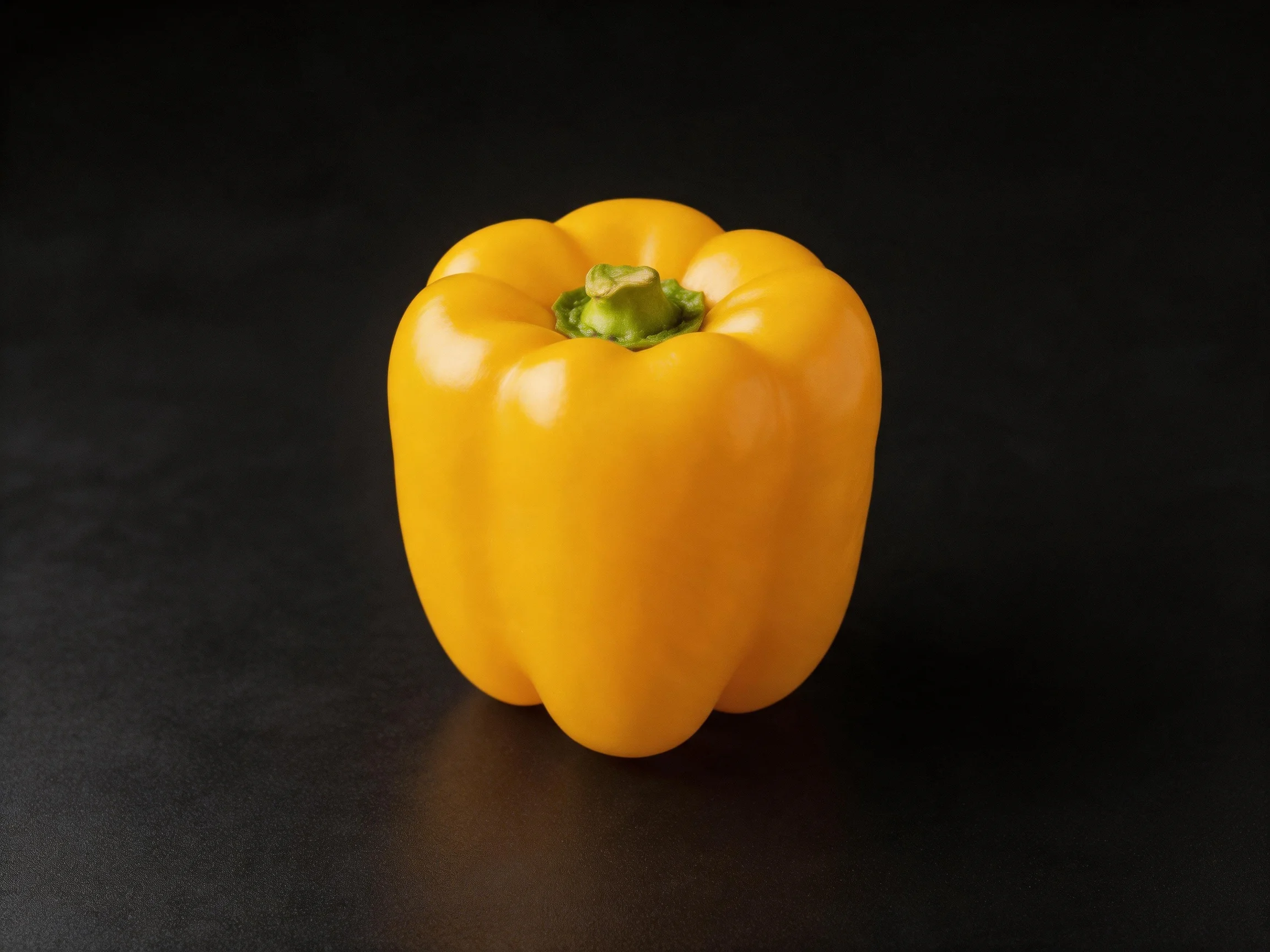 A vibrant yellow bell pepper centered on a plain black surface