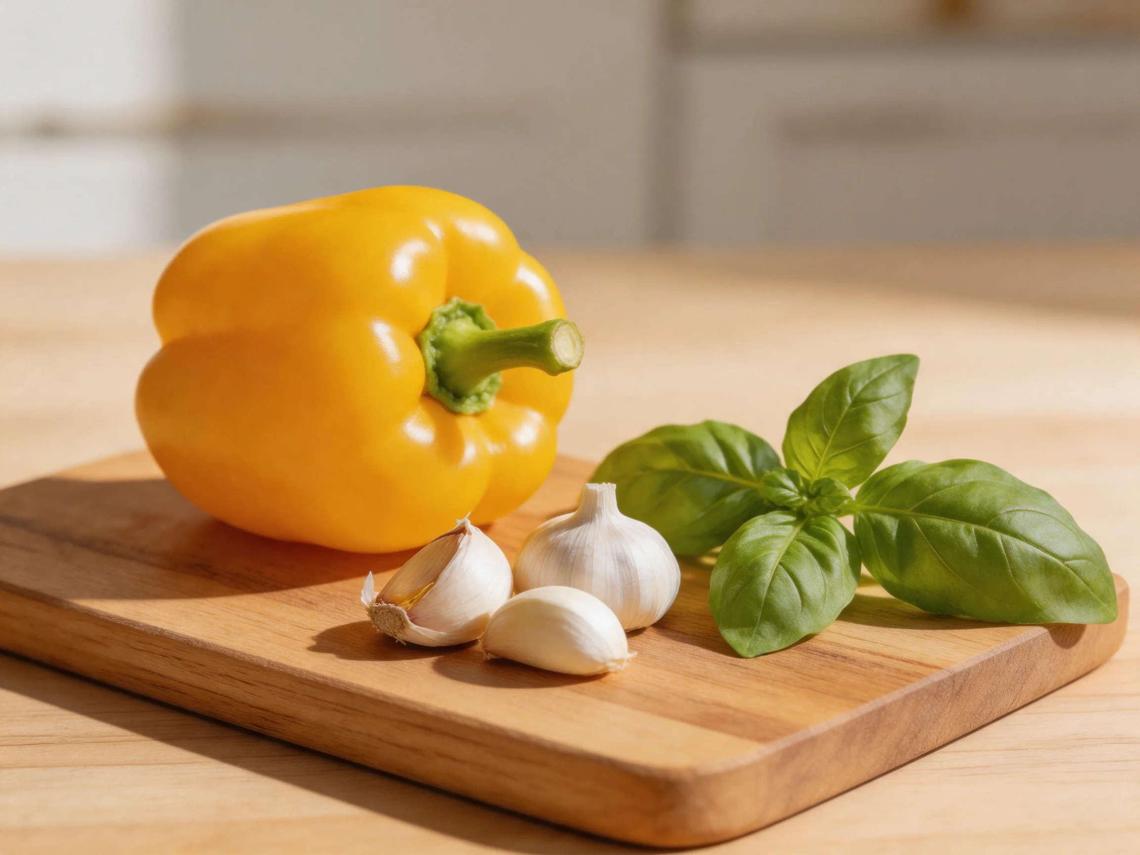 A vibrant yellow bell pepper, garlic cloves, and fresh basil leaves on a wooden cutting board