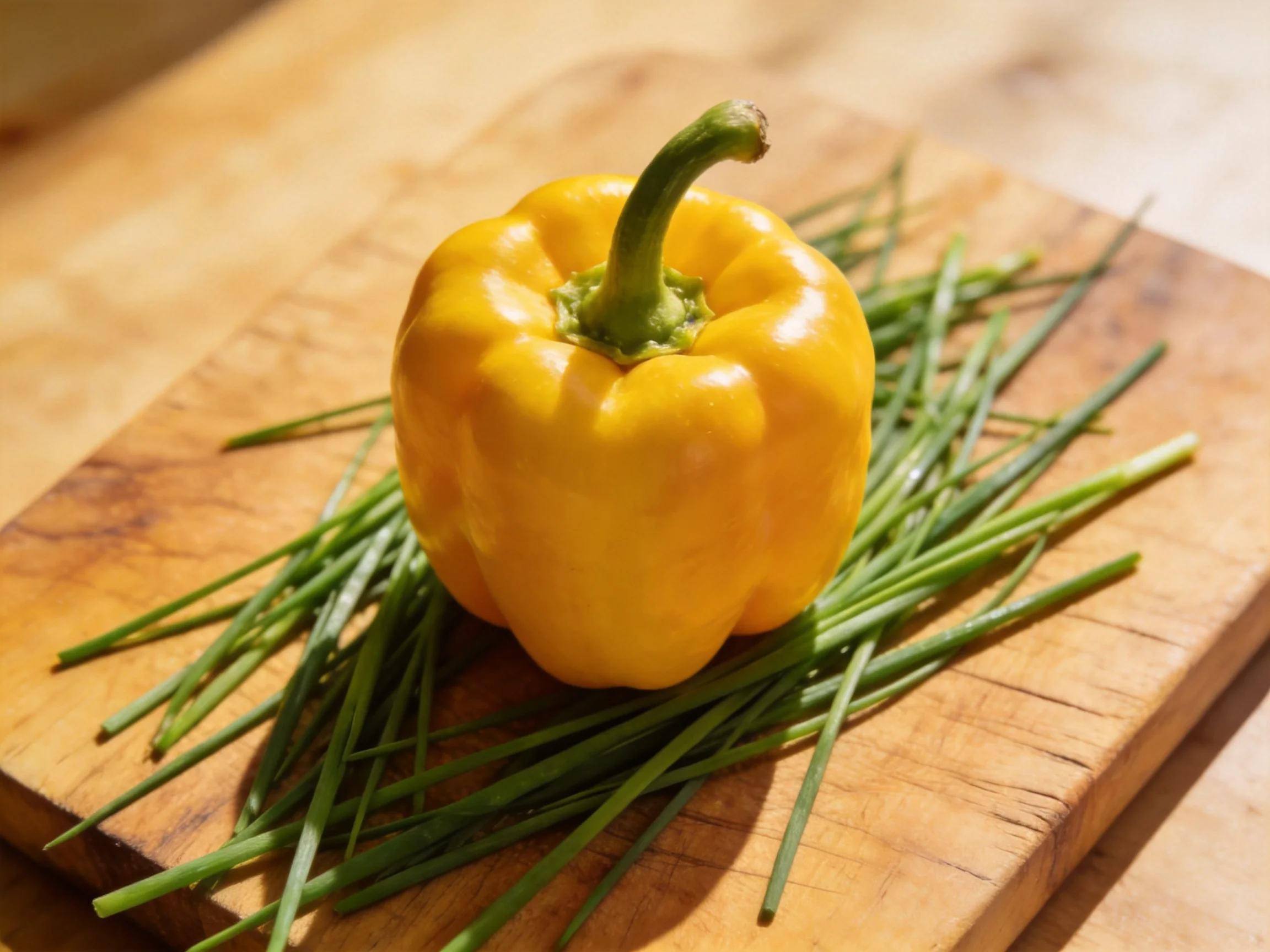 A vibrant yellow bell pepper rests atop fresh green chives on a wooden cutting board