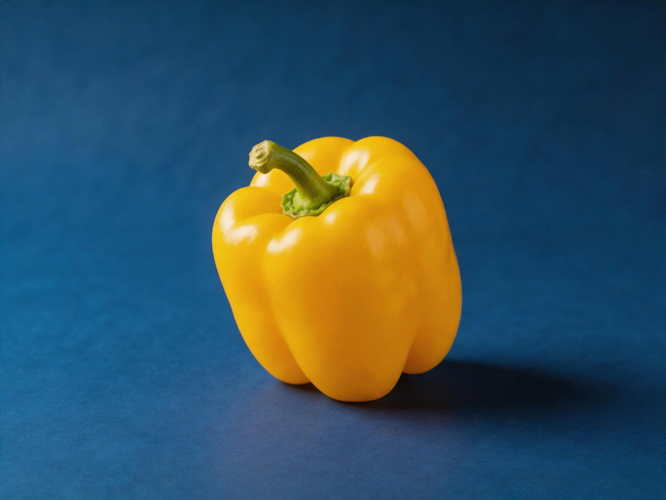 A vibrant yellow bell pepper rests on a solid blue surface