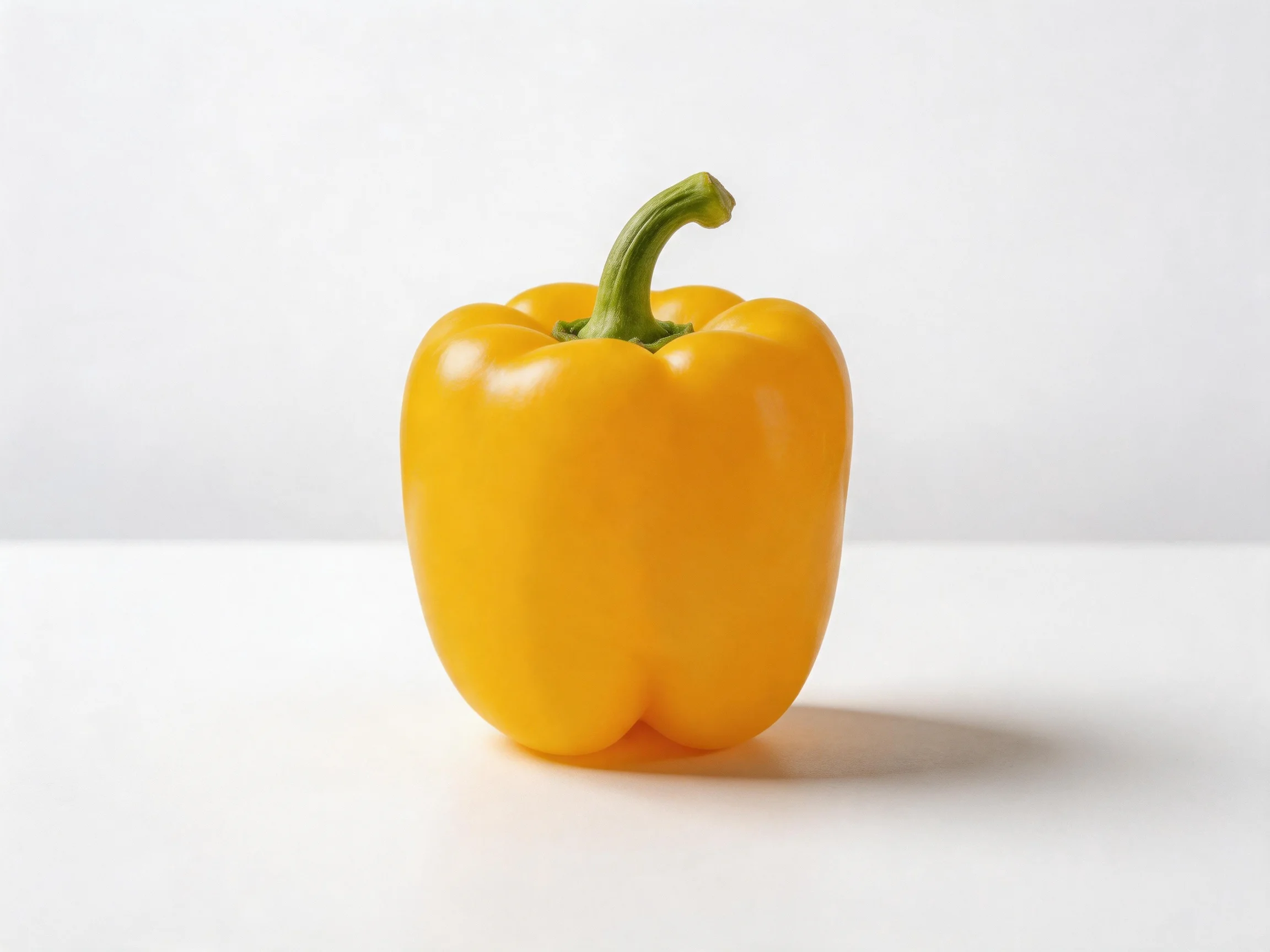 A vibrant yellow bell pepper with a green stem centered on a white surface