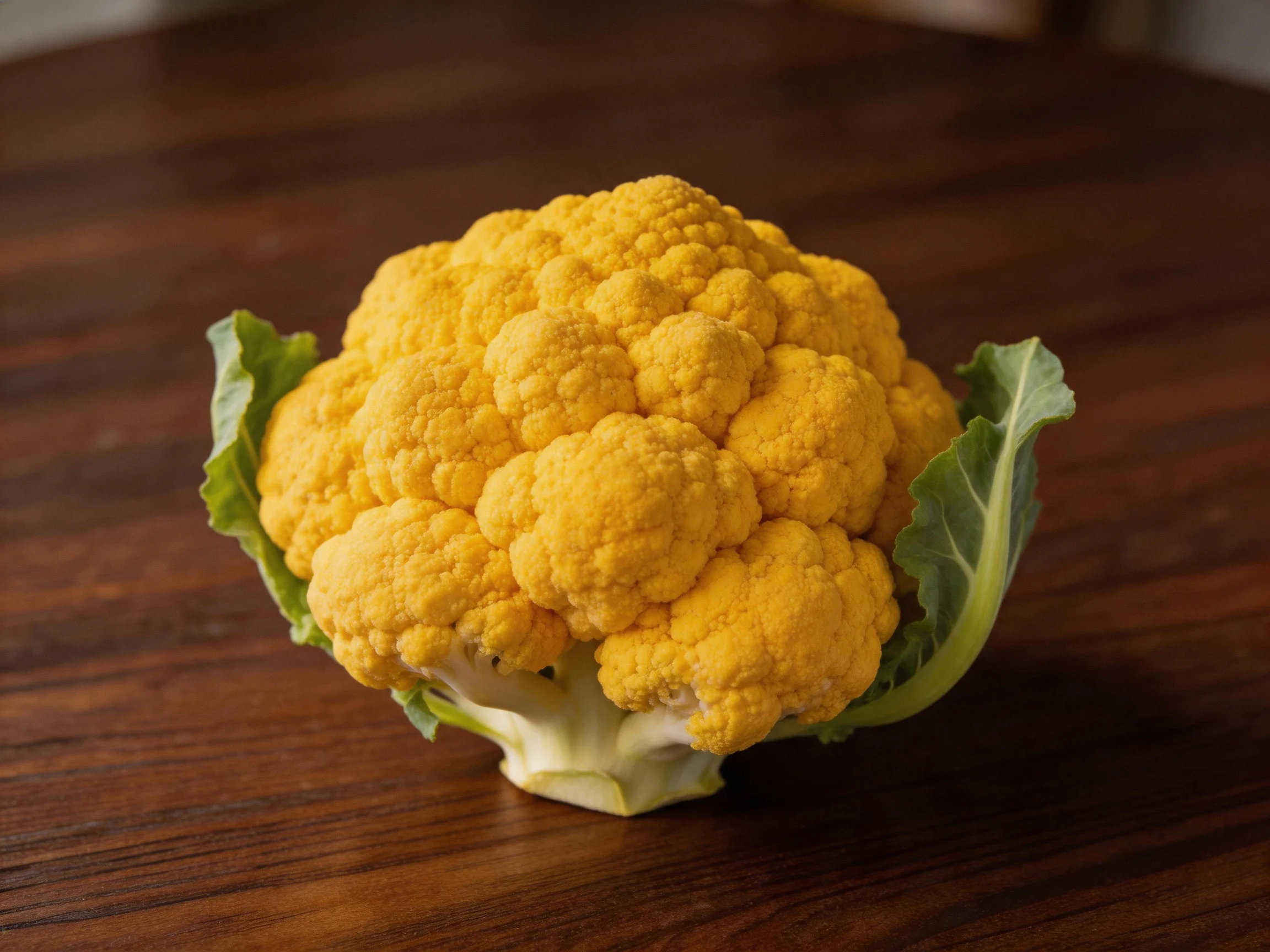 A vibrant yellow cauliflower rests on a dark brown wooden table