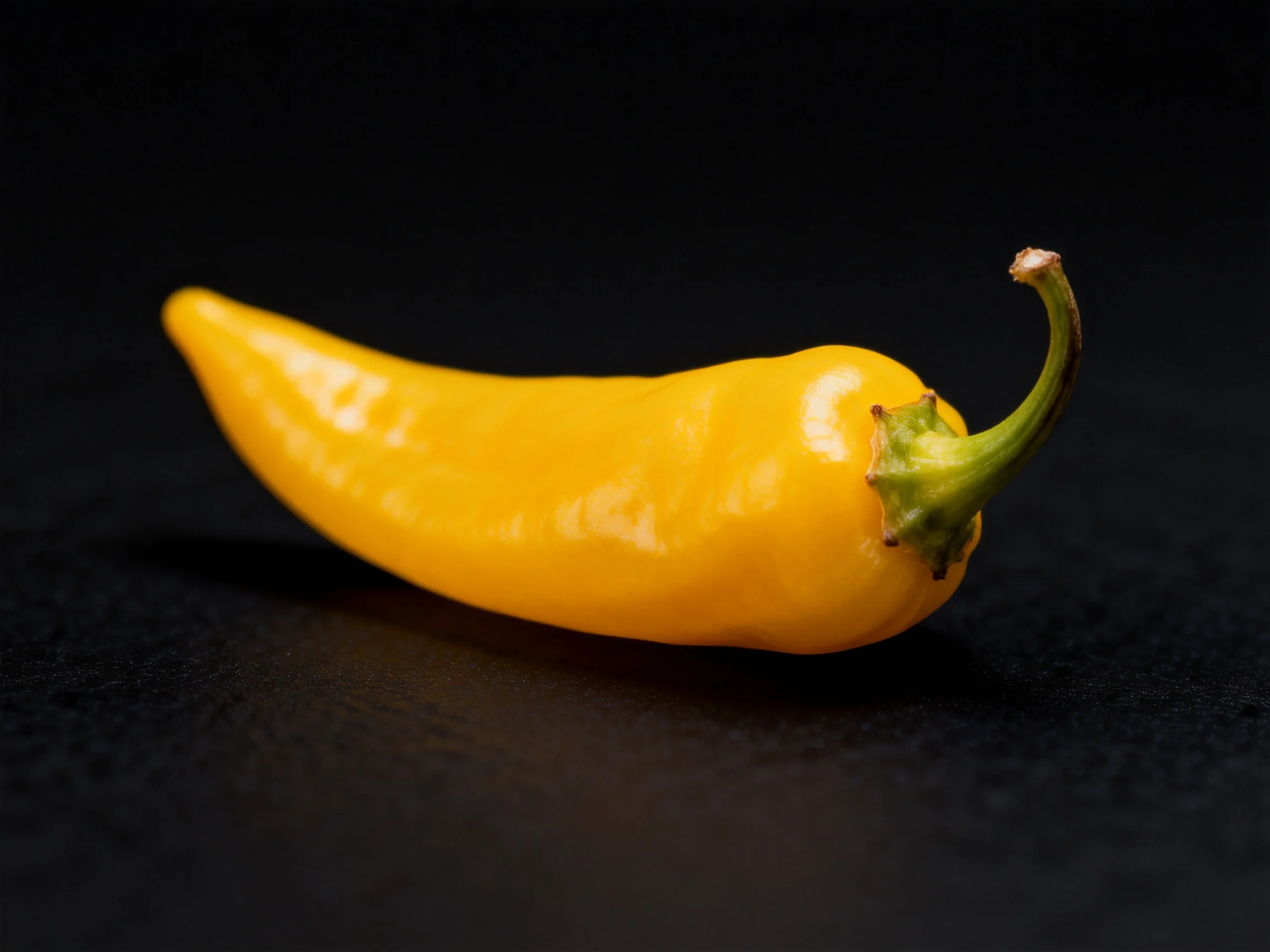 A vibrant yellow chili pepper resting against a dark backdrop