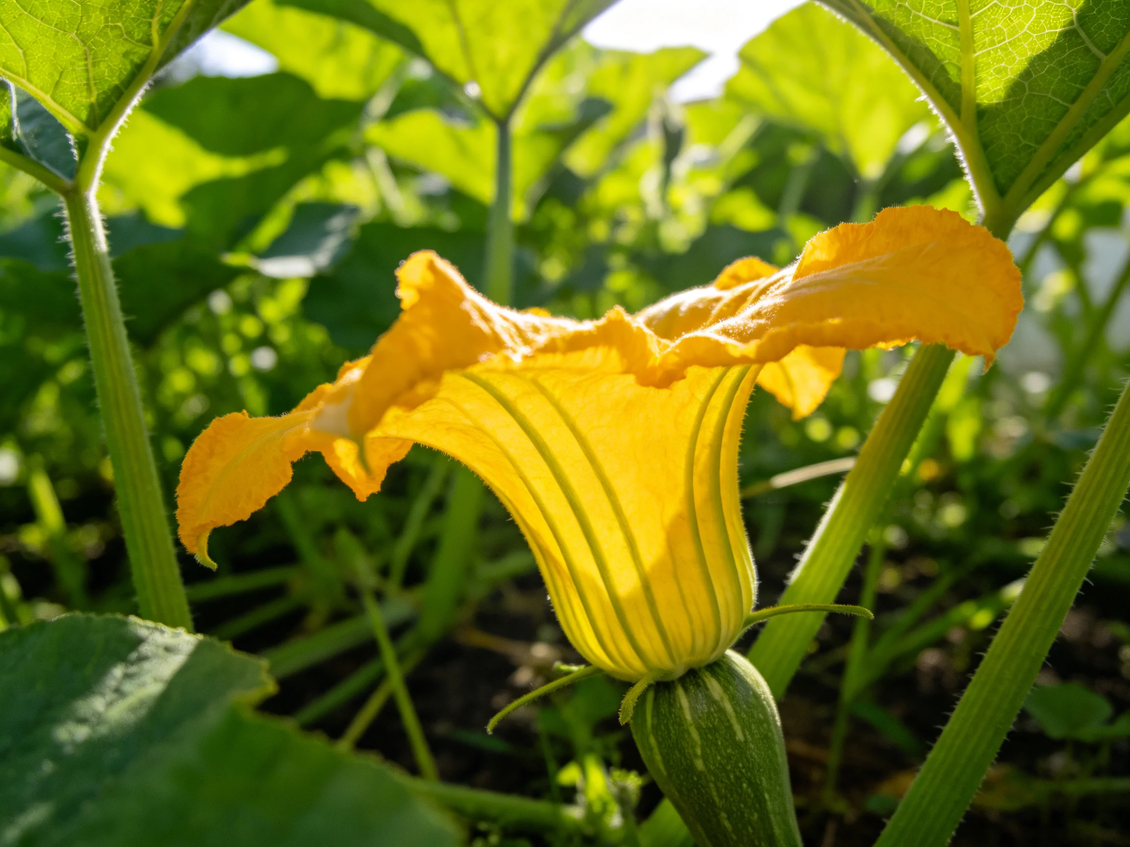 A vibrant yellow squash blossom amid lushgreen foliage
