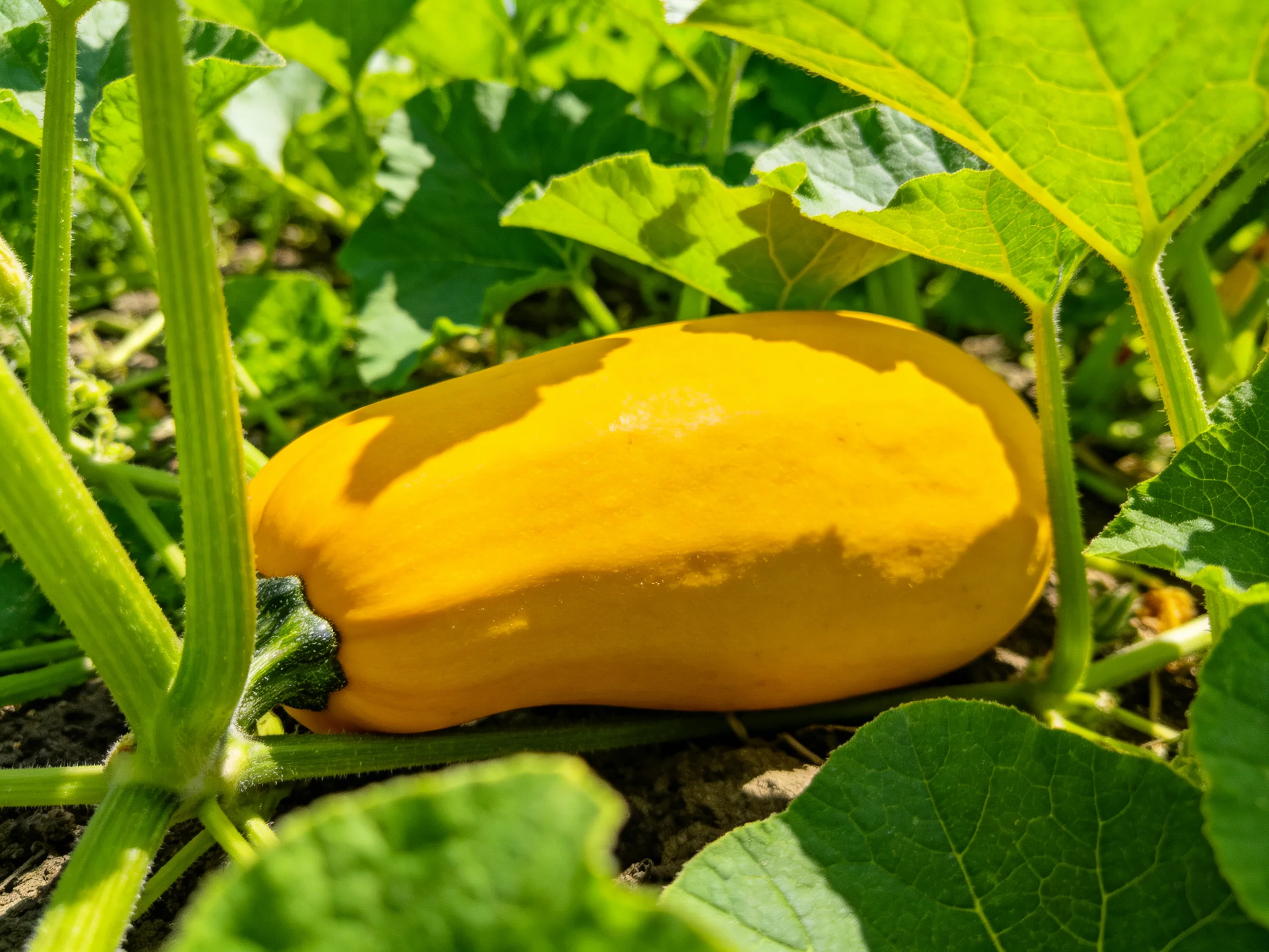 A vibrant yellow squash growing amid lush green garden foliage