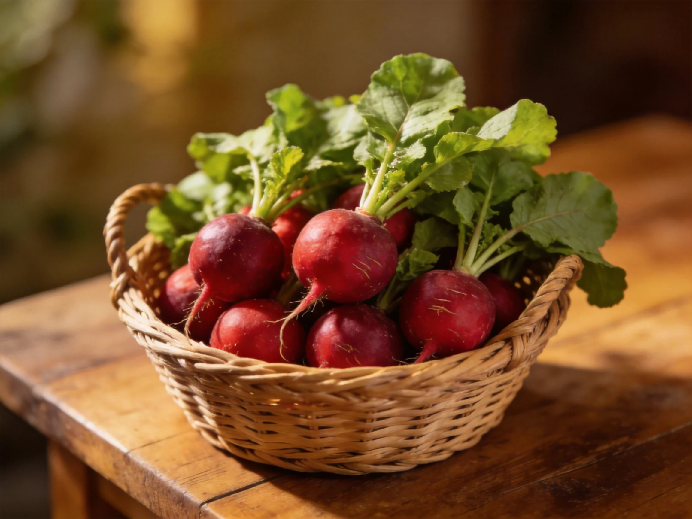 A w wicker basket filled with vibrant red radishes and green leaves