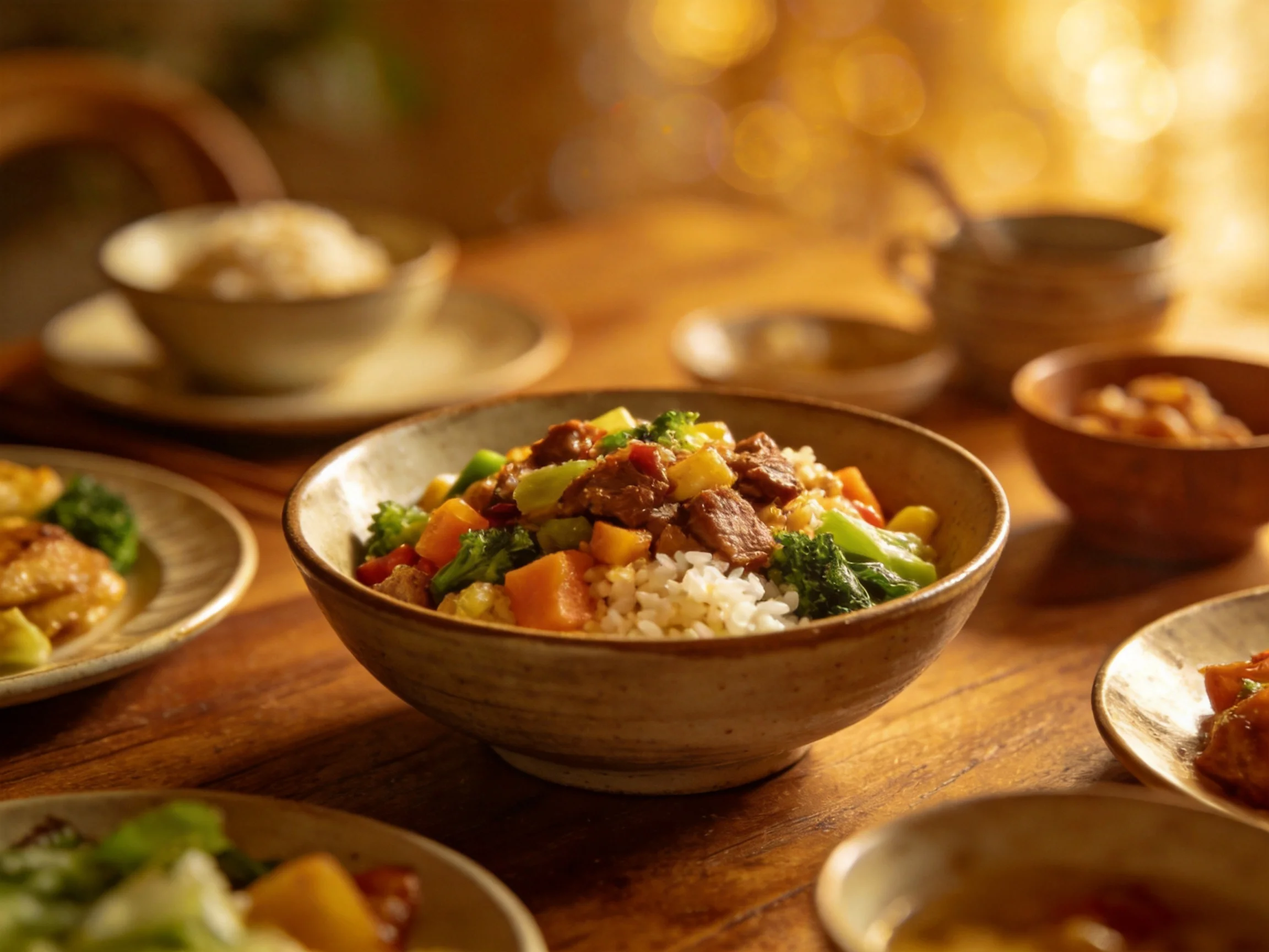A warm-toned meal with mixed vegetables and meat over rice