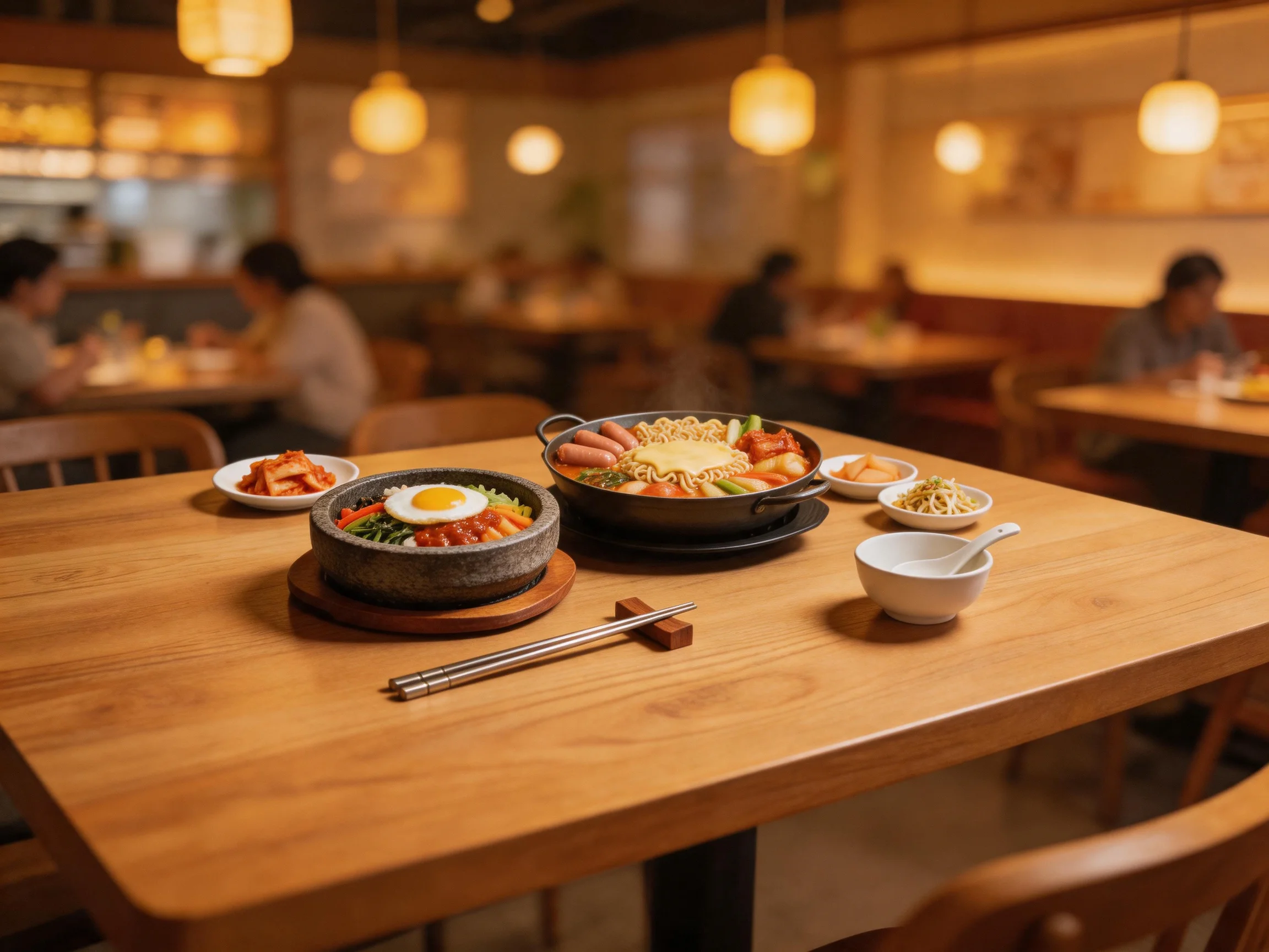 A warmly lit restaurant table presents assorted Korean dishes