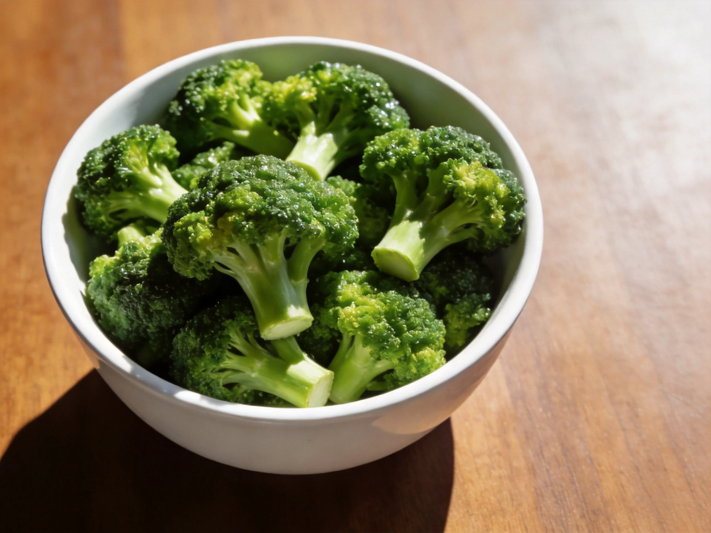 A white bowl brimming with fresh green broccoli florets