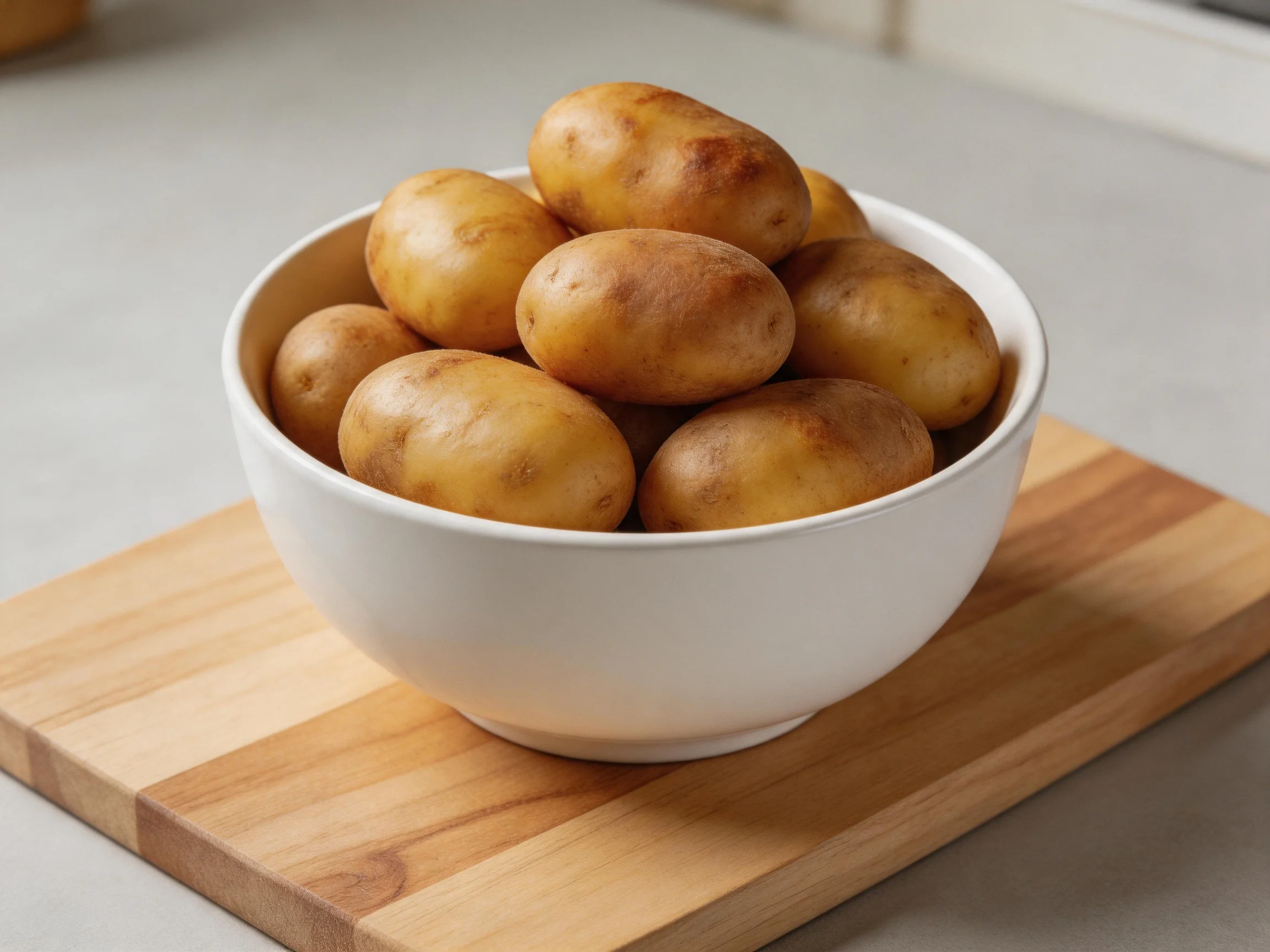 A white bowl brimming with golden-brown potatoes sits on a wooden cutting board