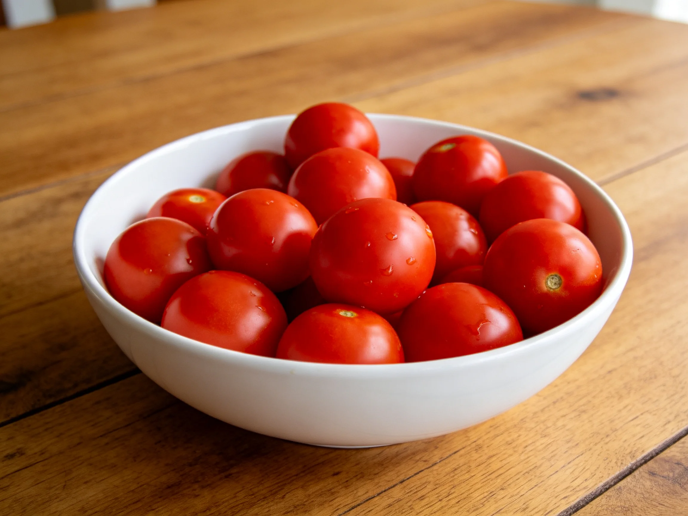 A white bowl brimming with vibrant red cherry tomatoes on a wooden surface