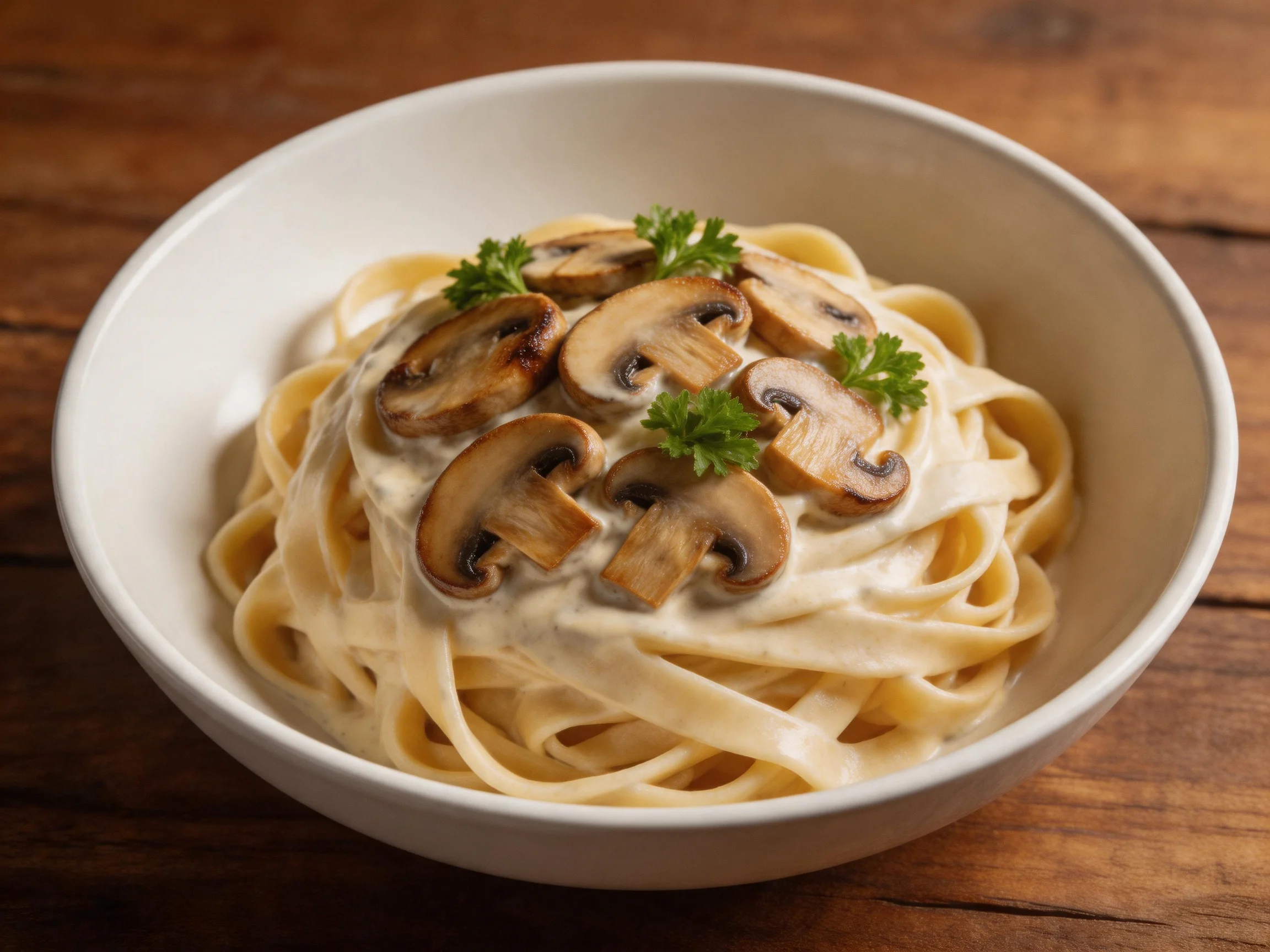 A white bowl containing creamy mushroom fettuccine pasta