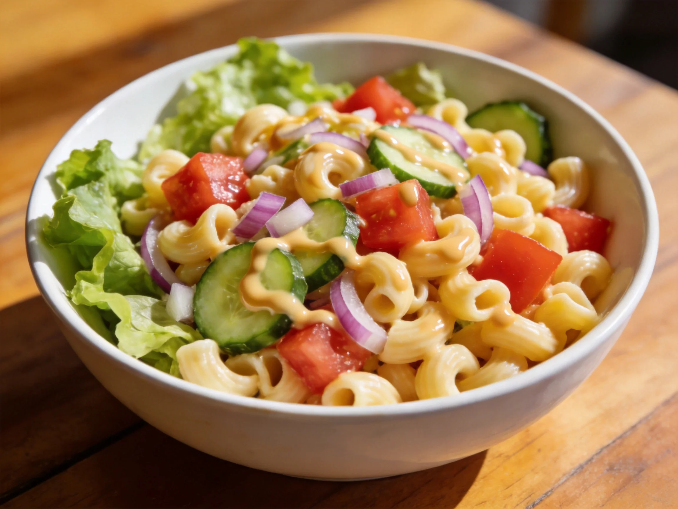 A white bowl containing pasta, tomatoes, cucumbers, and creamy dressing
