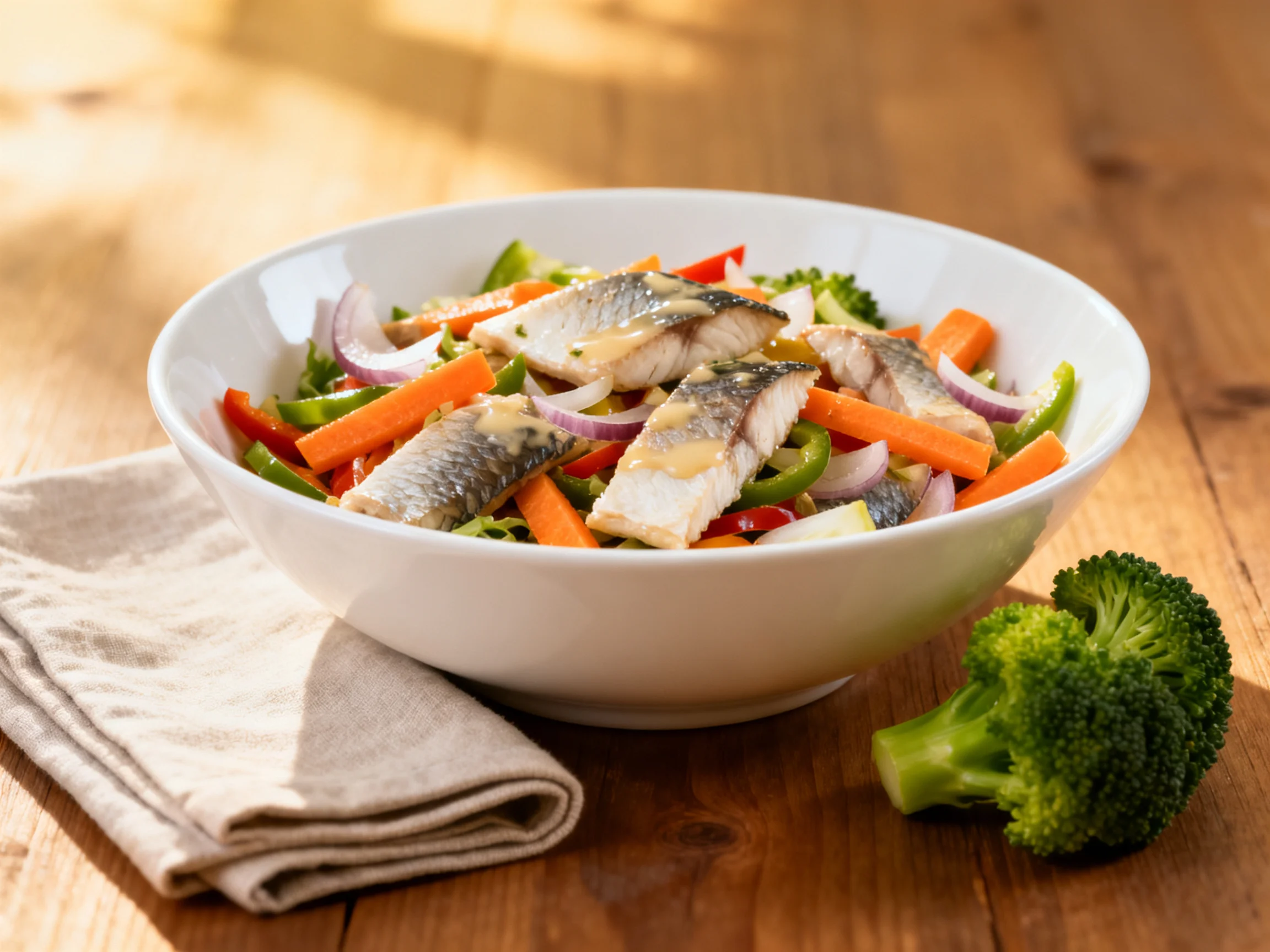 A white bowl contains grilled fish with colorful vegetable medley