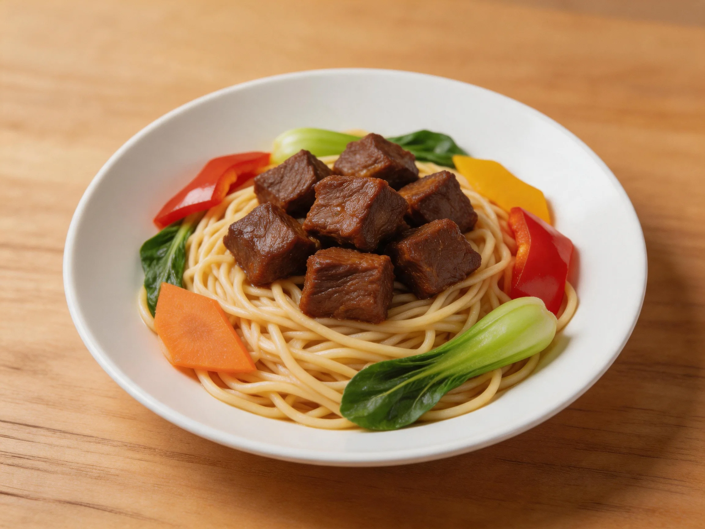 A white bowl contains noodles, brown beef cubes, and colorful vegetables