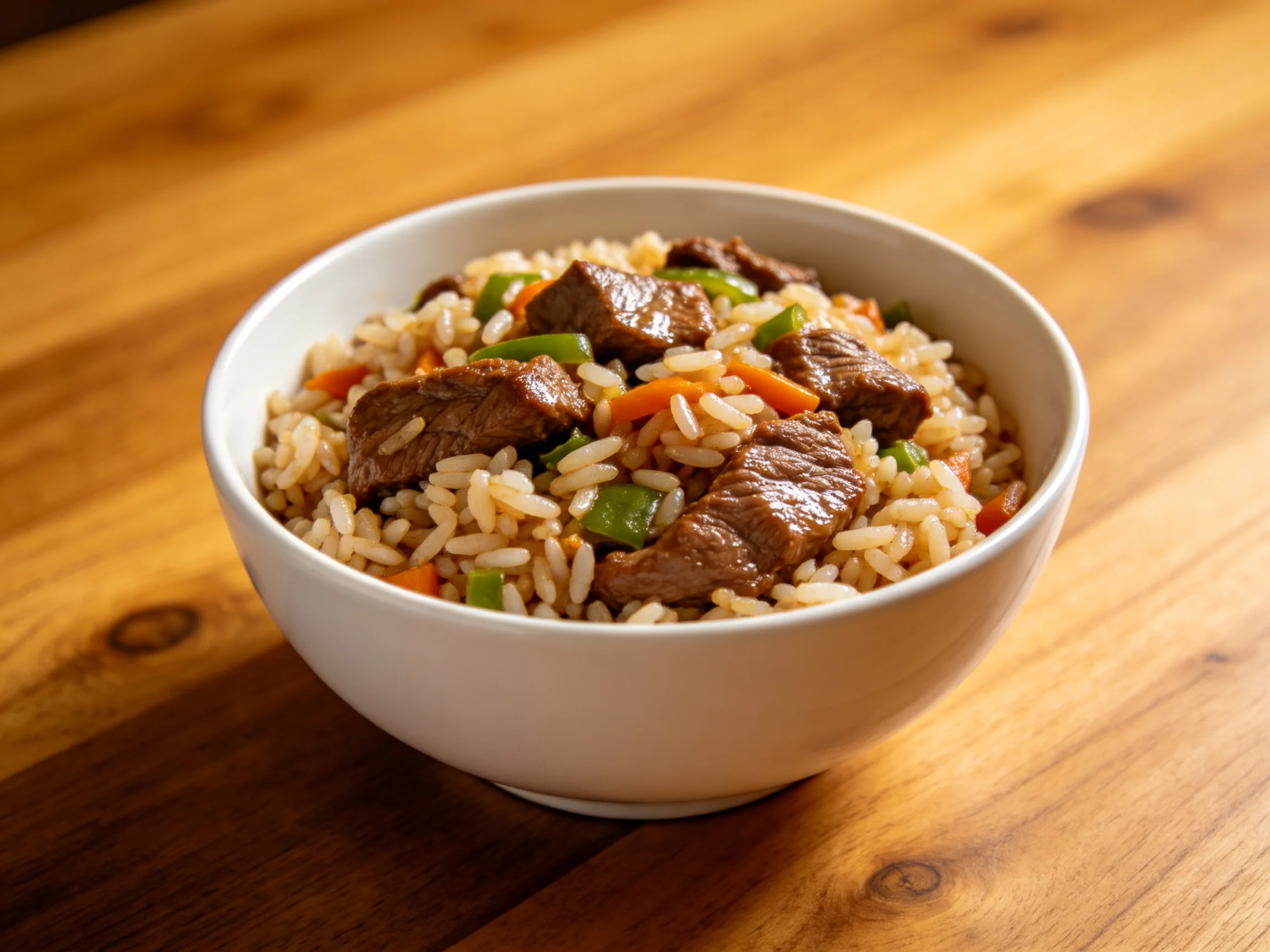 A white bowl filled with beef fried rice, carrots, and green peppers on a wooden surface