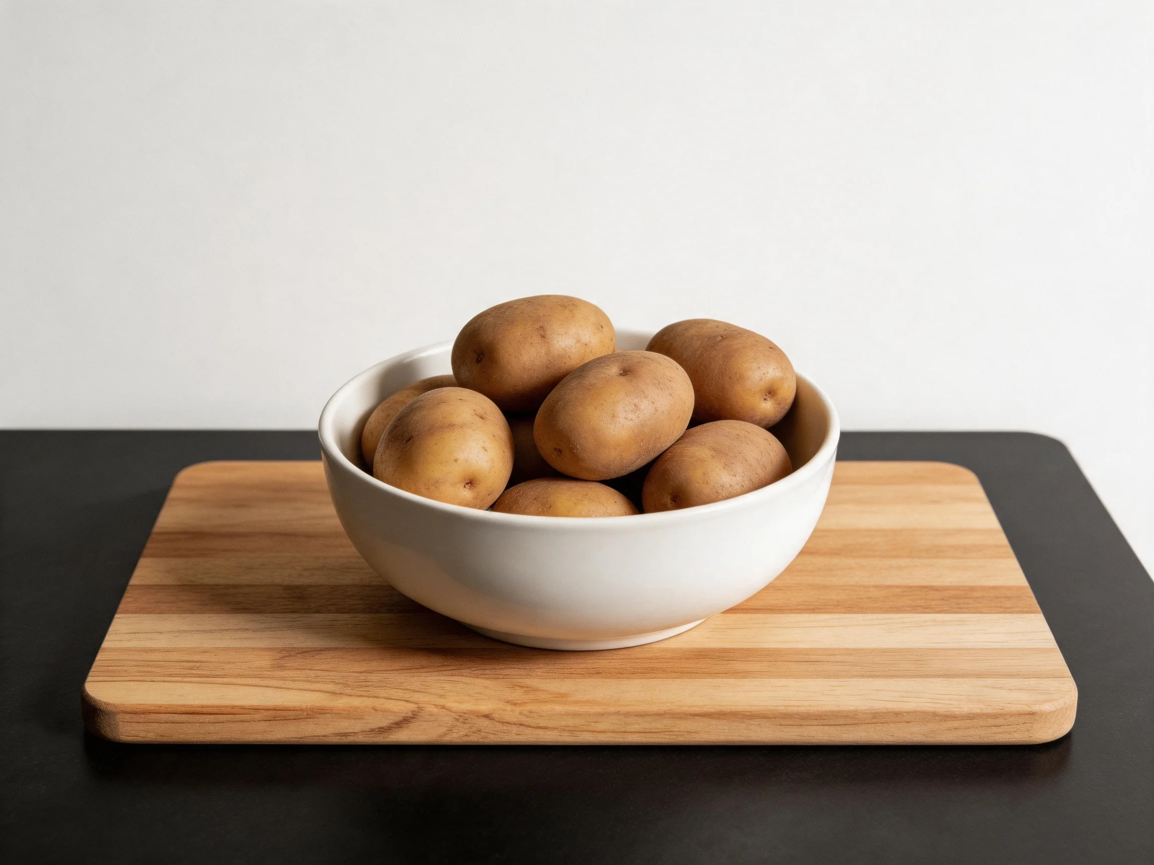 A white bowl filled with brown potatoes sits on a wooden cutting board