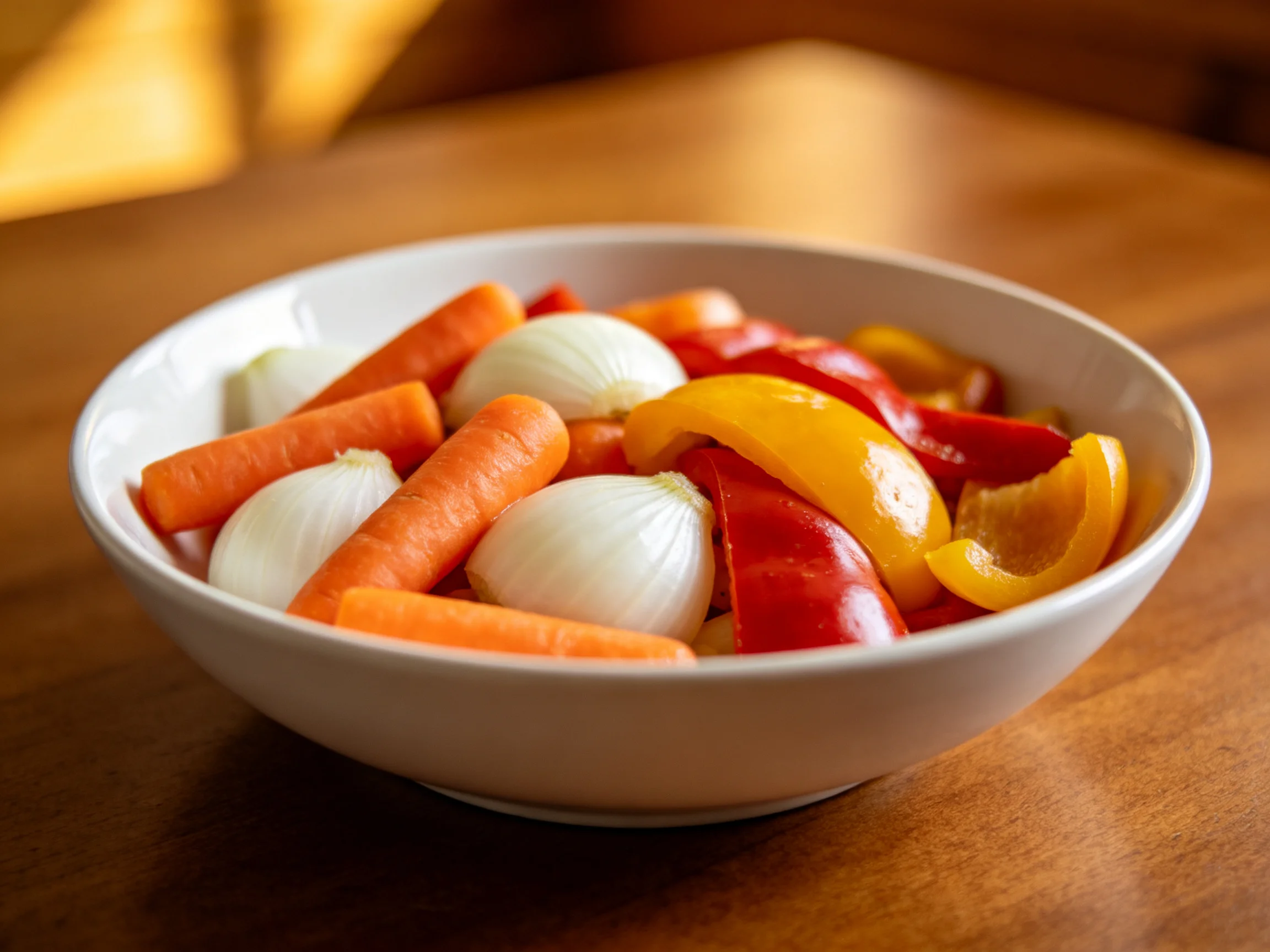 A white bowl filled with carrots, onions, red, and yellow bell peppers