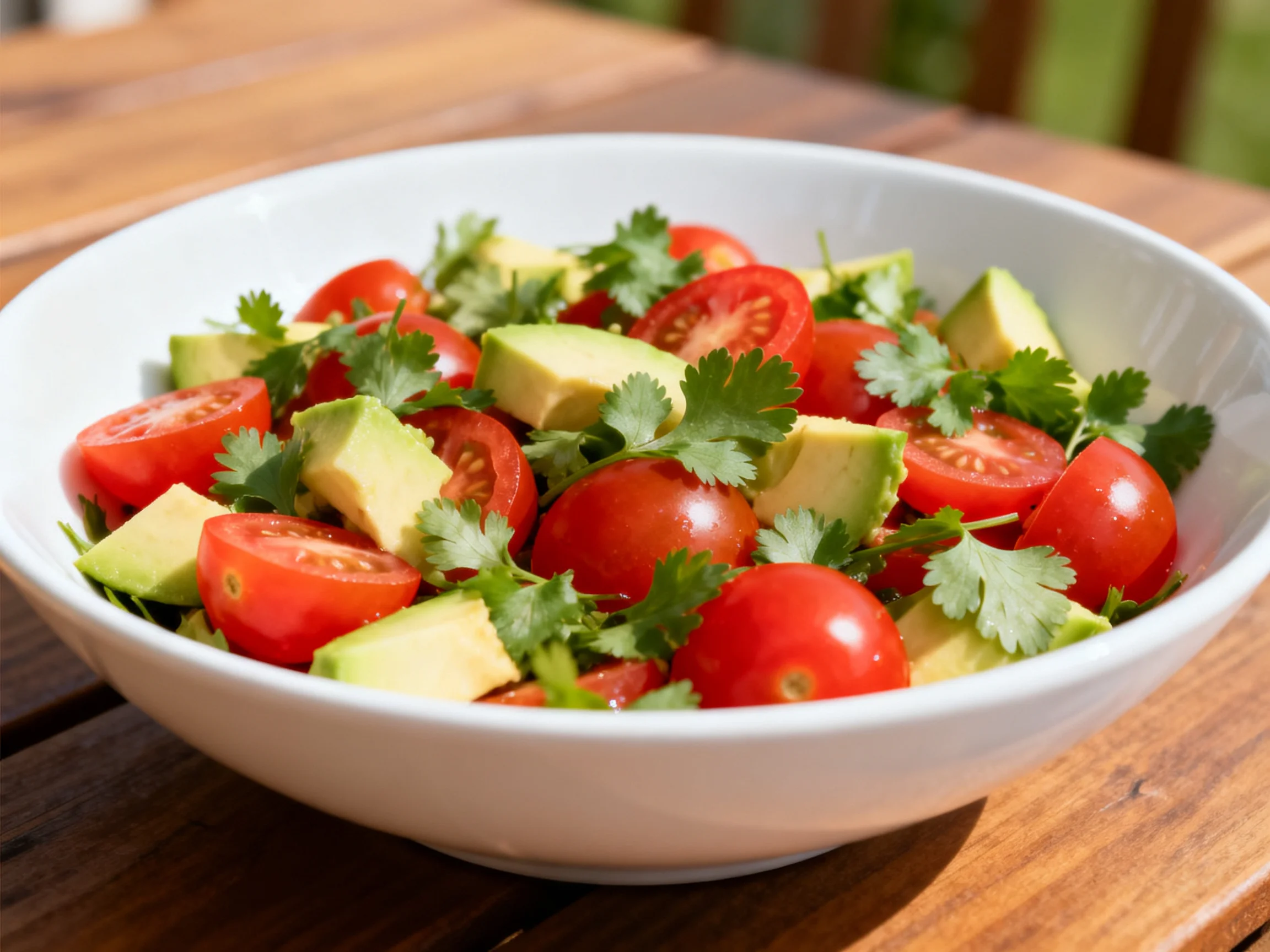 A white bowl filled with cherry tomatoes, avocado, and cilantro