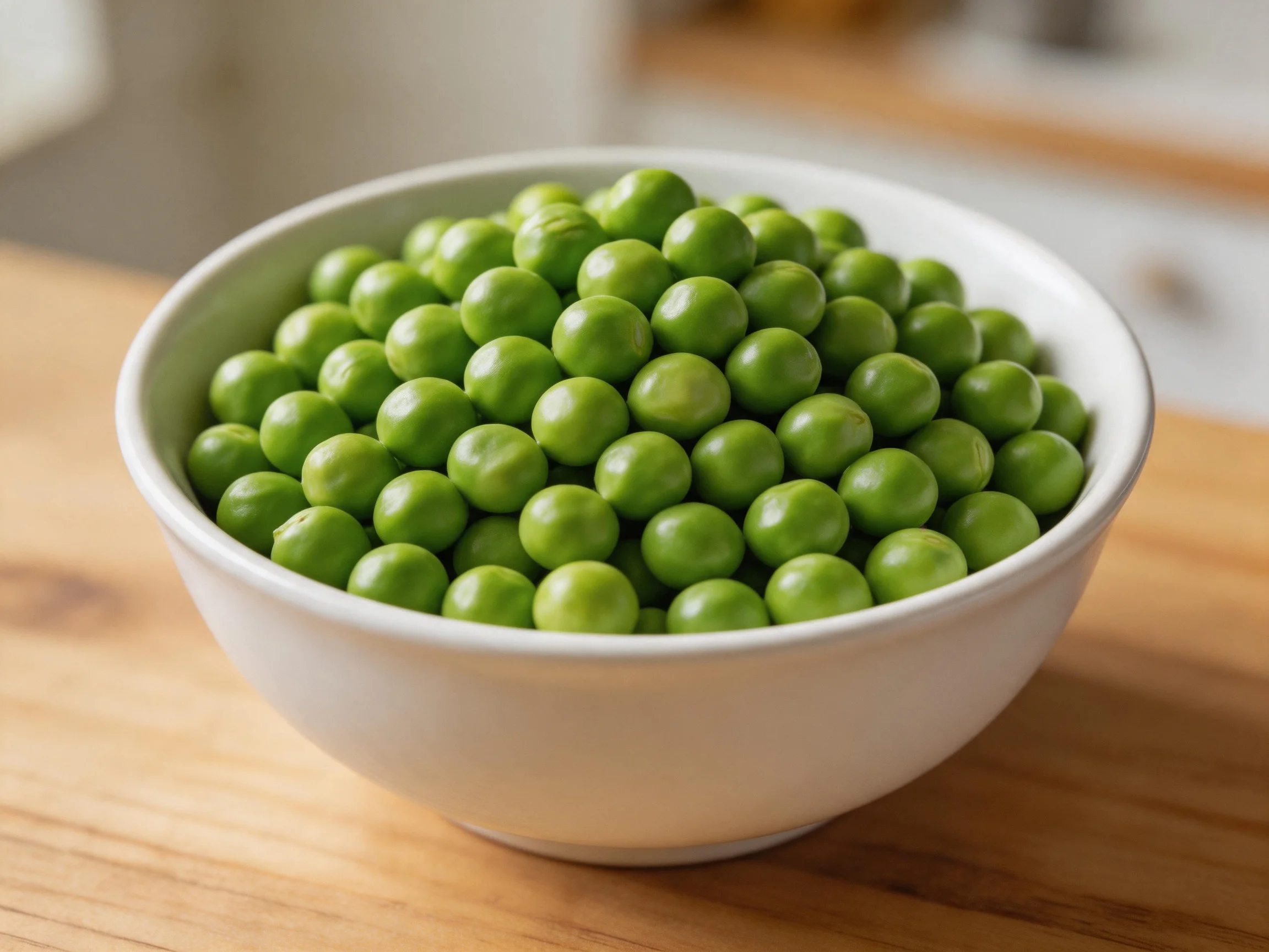 A white bowl filled with fresh green peas on a wooden surface