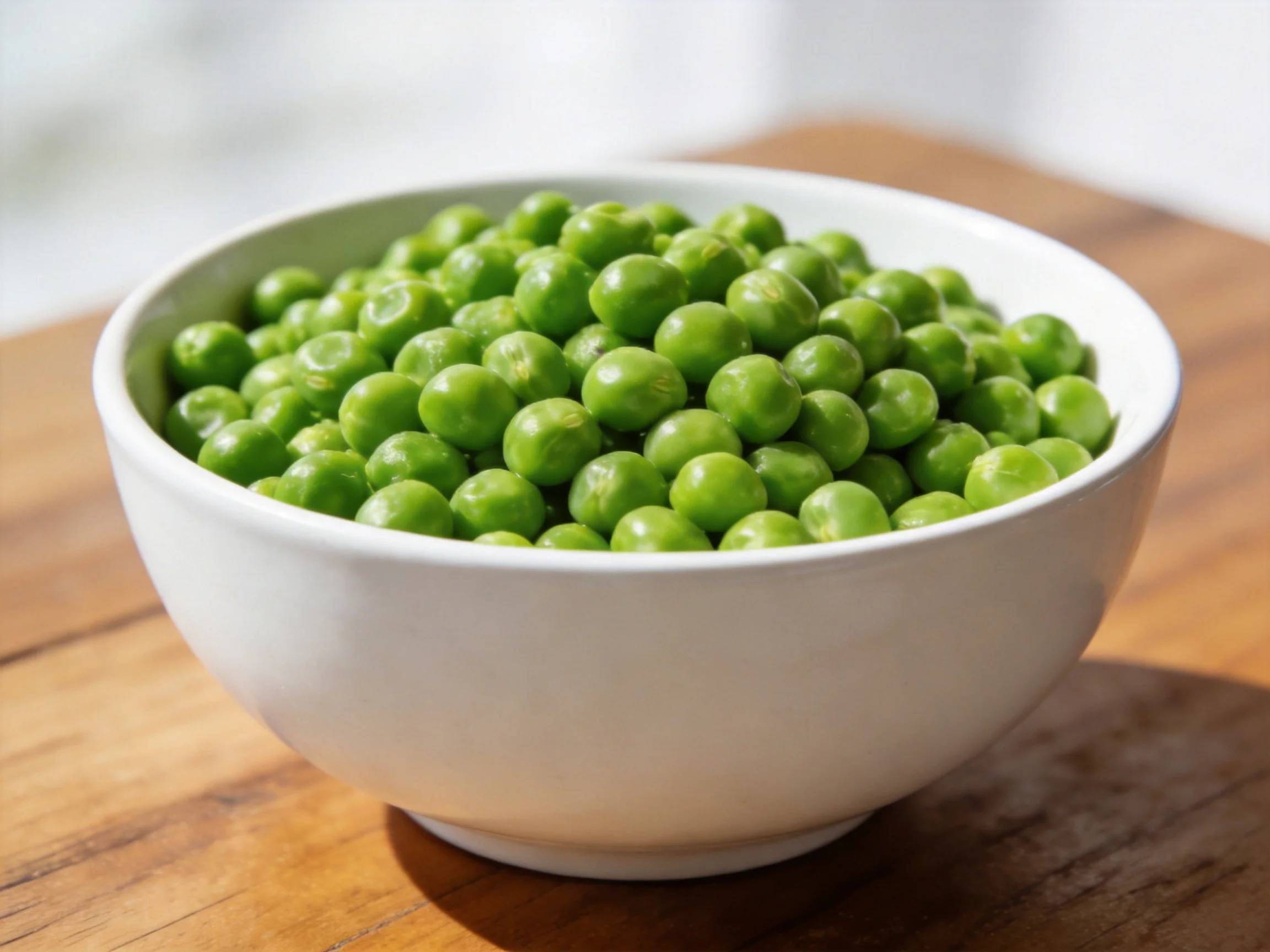 A white bowl filled with fresh green peas on a wooden surface