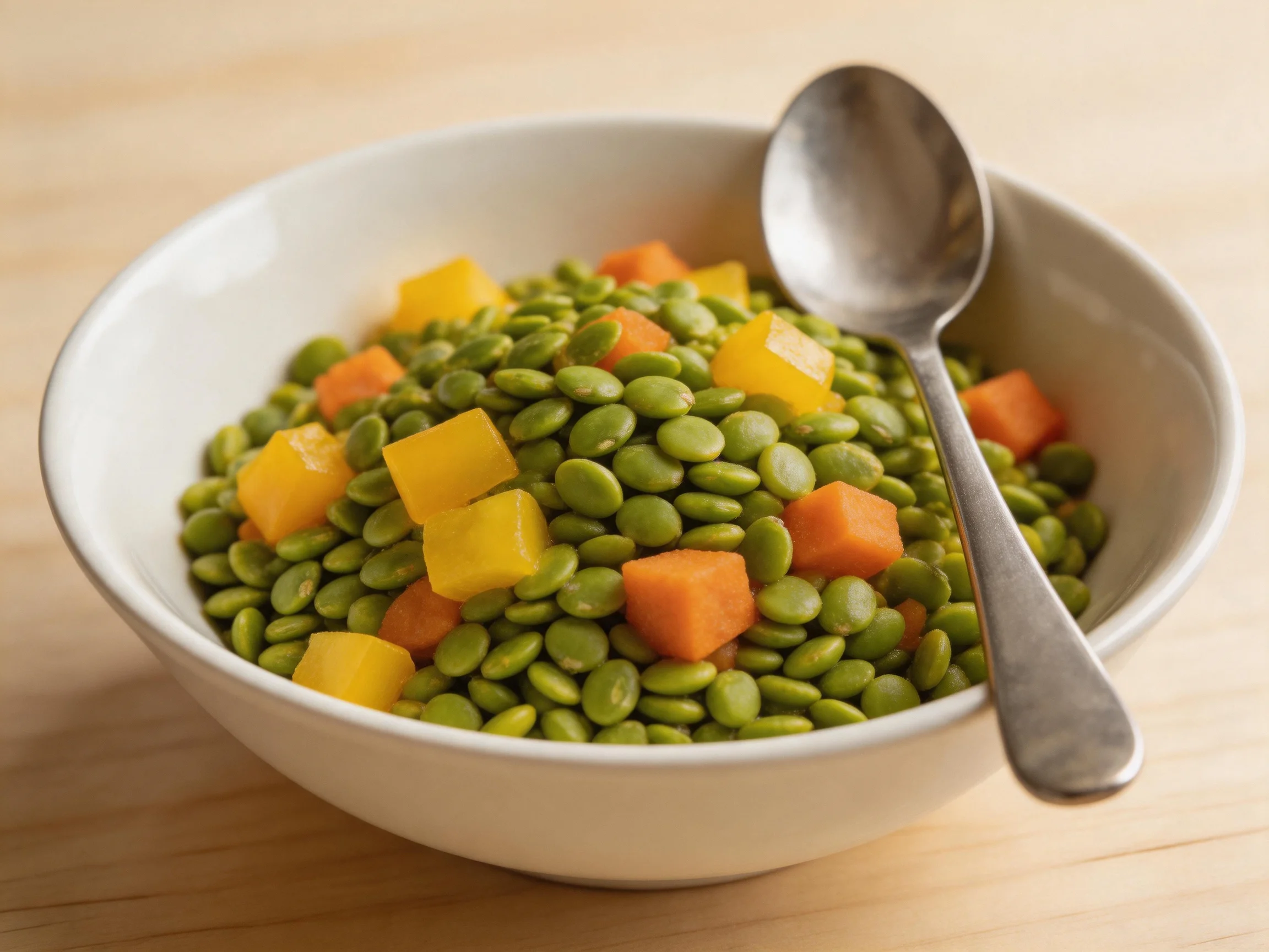 A white bowl filled with green lentils, orange carrot cubes, and yellow fruit cubes