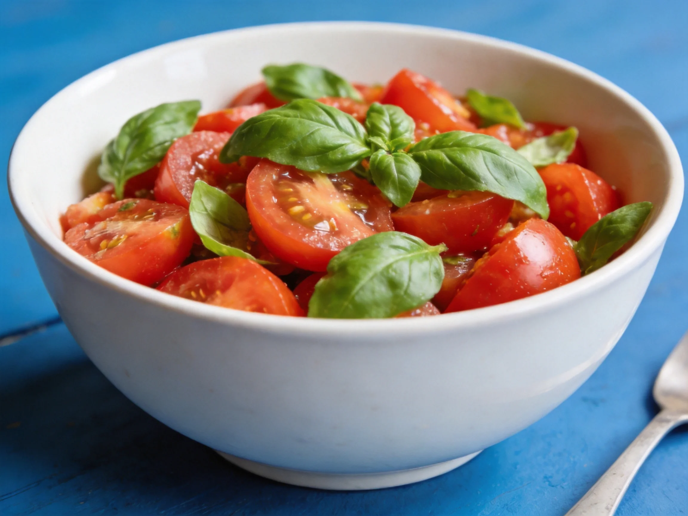 A white bowl filled with juicy cherry tomatoes and fresh basil