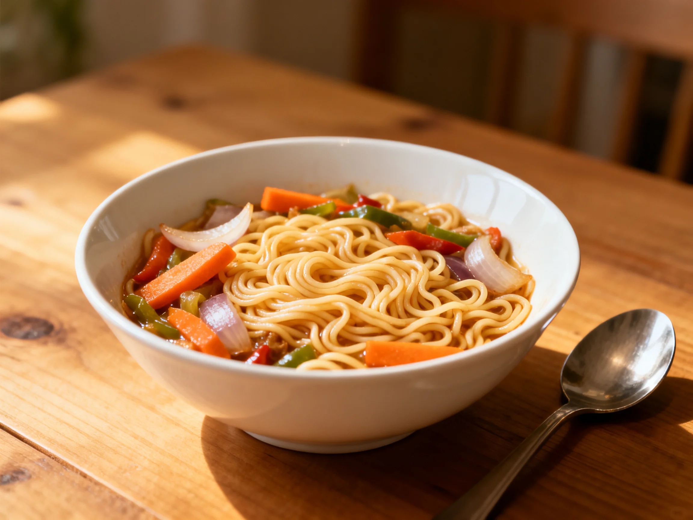 A white bowl filled with noodles and colorful vegetables sits on a wooden table