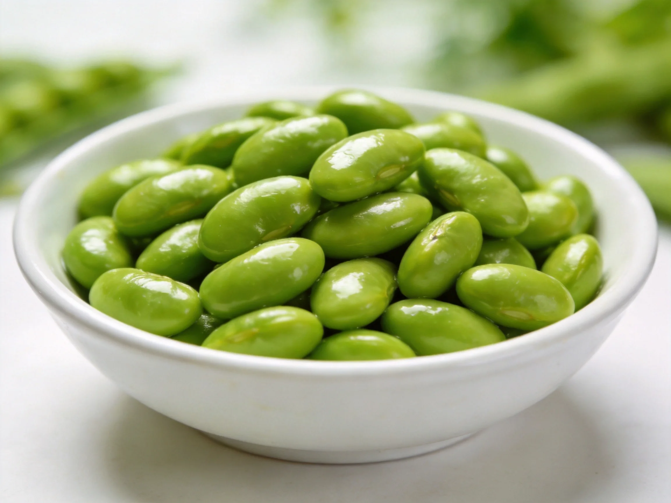 A white bowl filled with plump green edamame beans