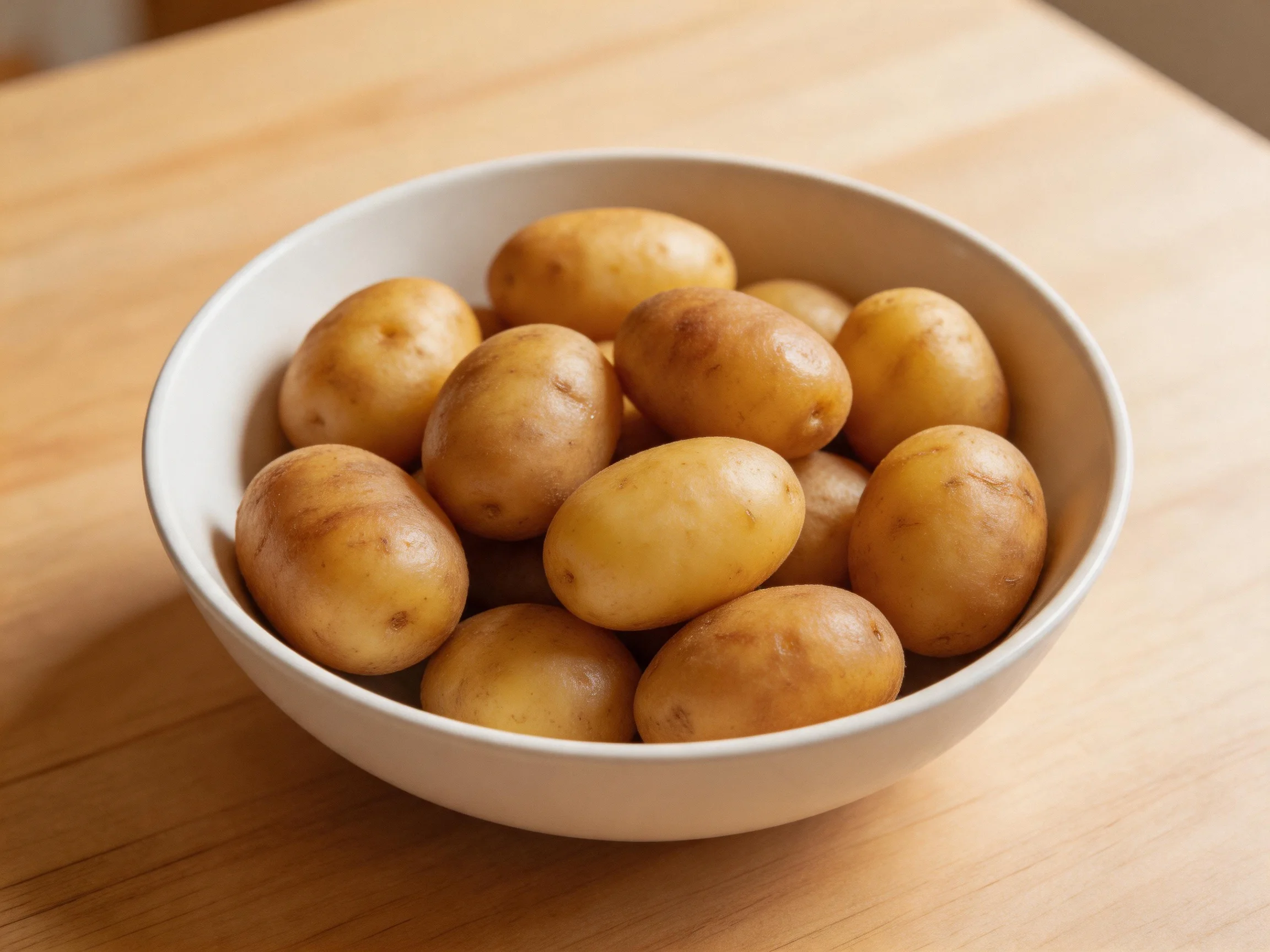 A white bowl filled with small golden potatoes on a wooden table