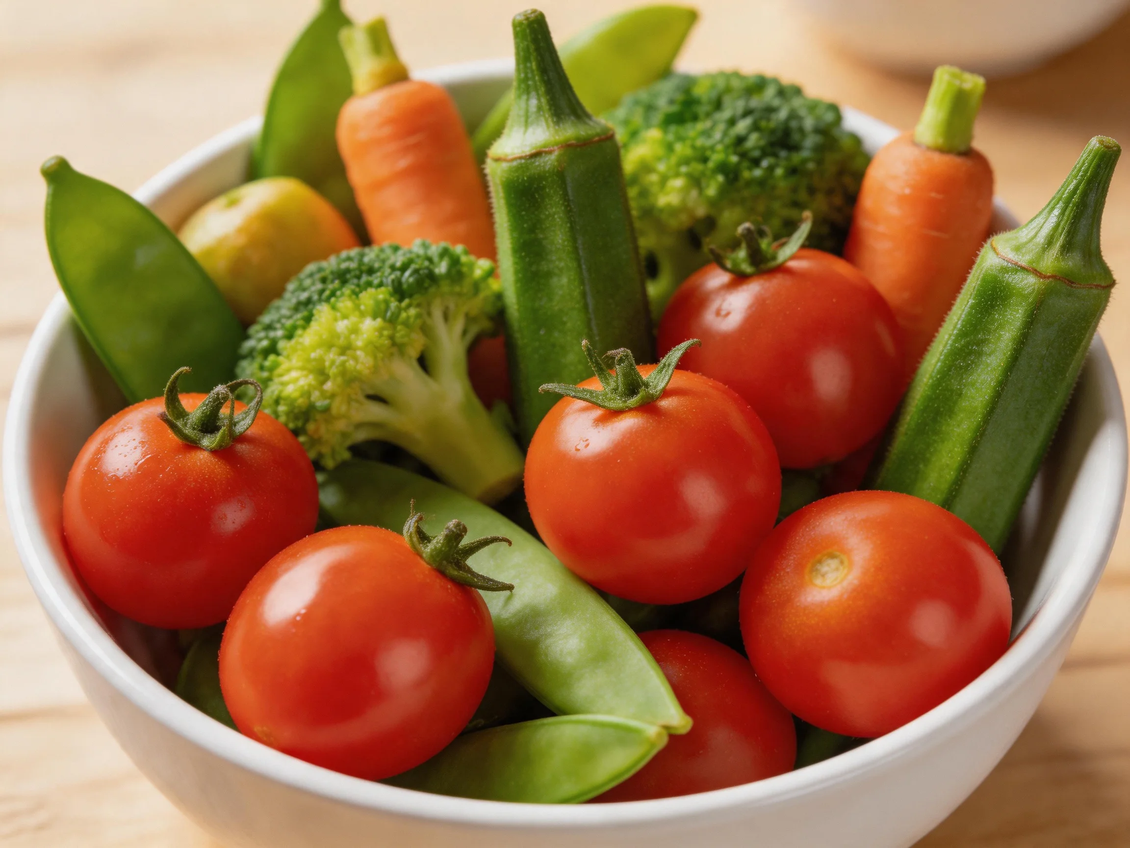 A white bowl filled with vibrant cherry tomatoes, baby carrots, broccoli, okra, and snap peas