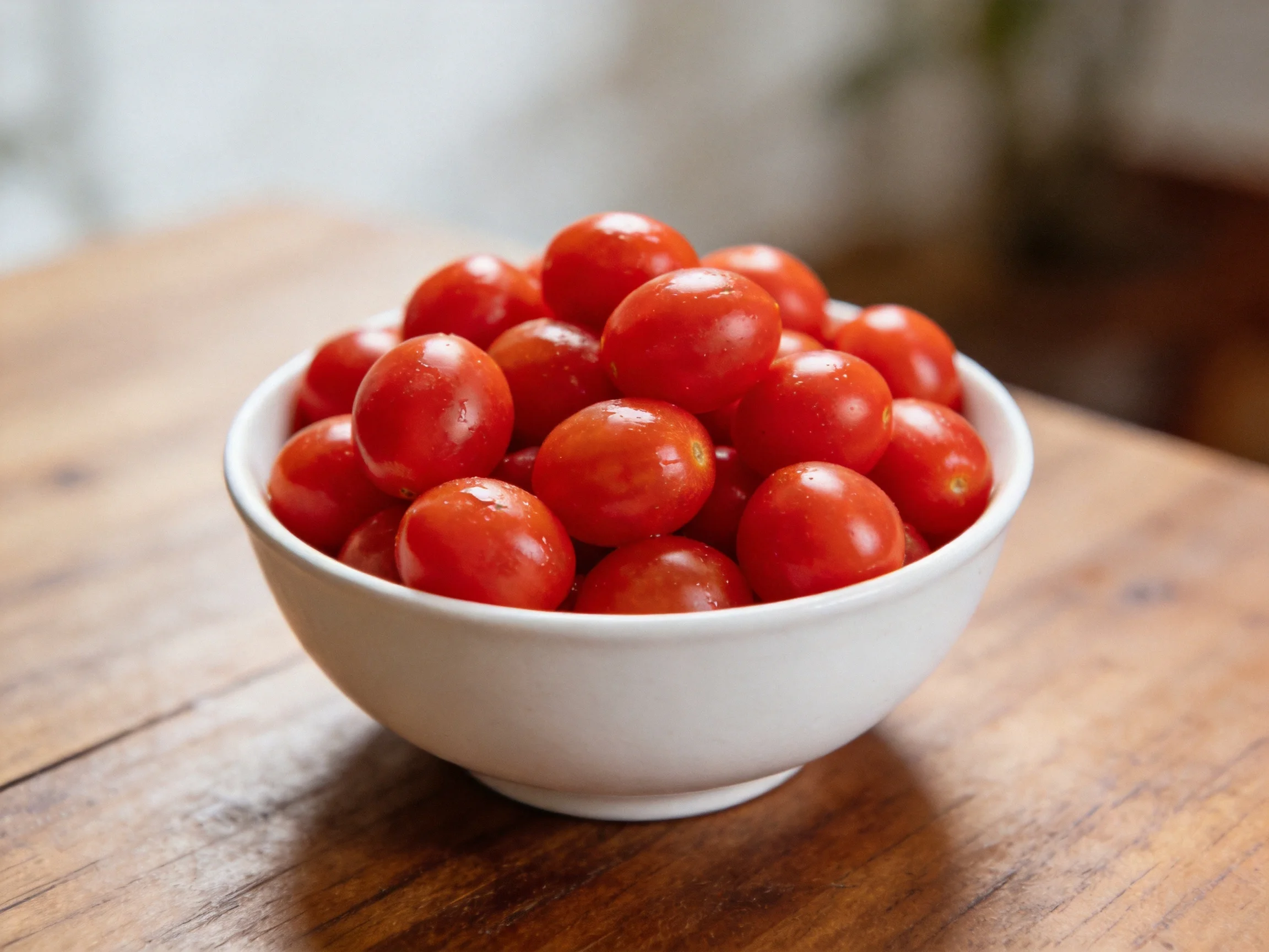 A white bowl filled with vibrant red cherry tomatoes on a wooden surface