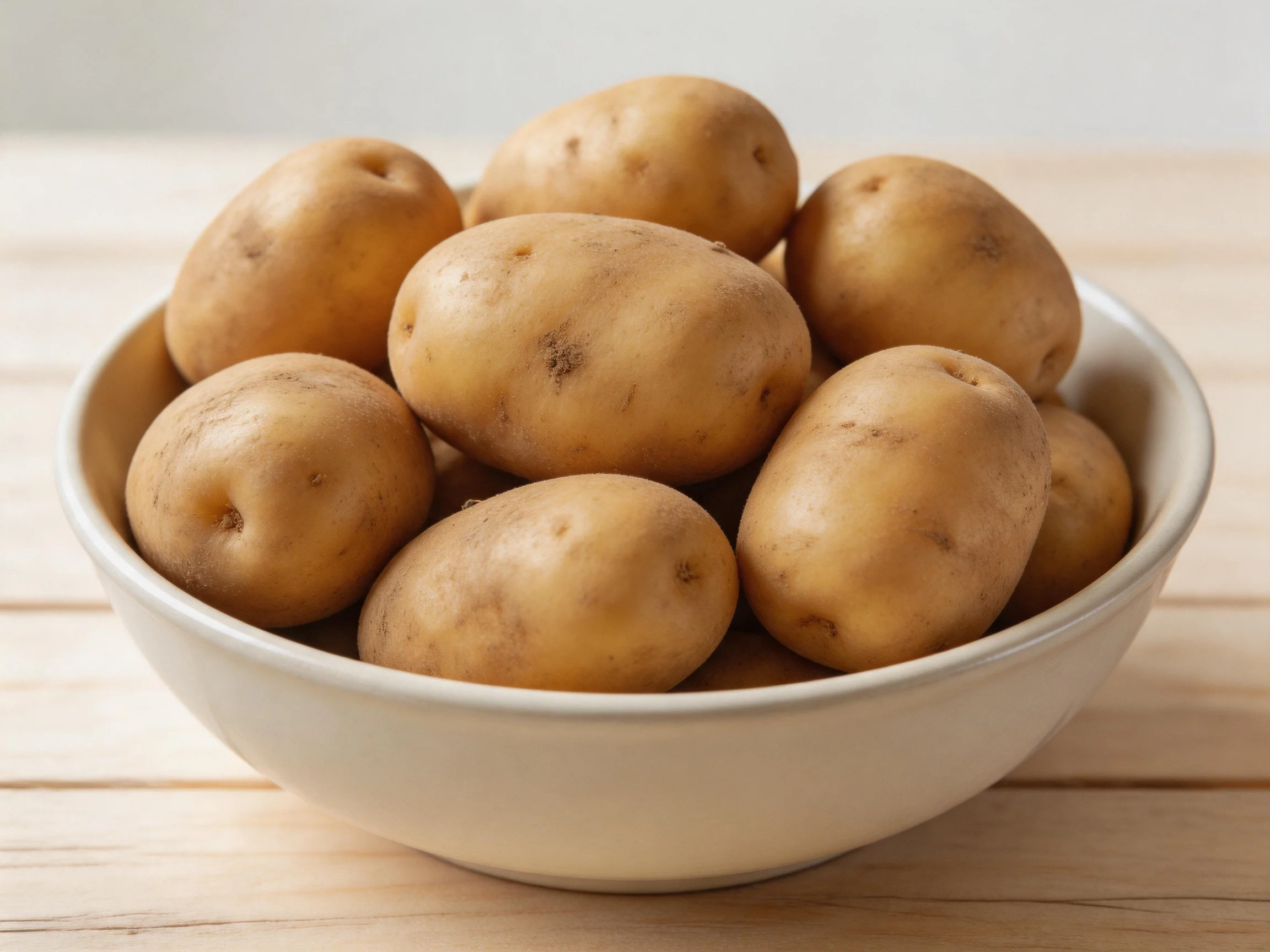 A white bowl filled with whole brown potatoes on a light wooden table