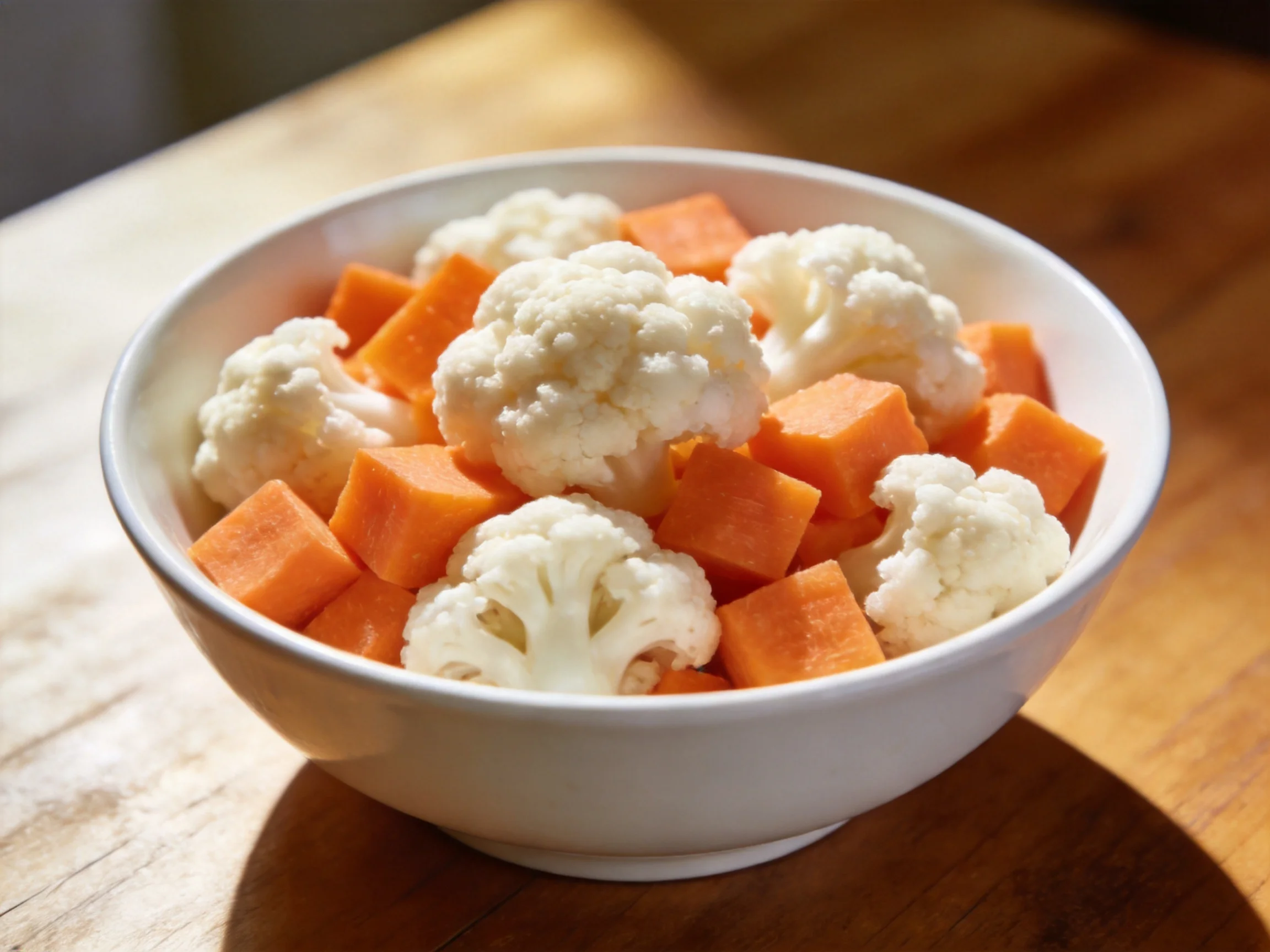 A white bowl holding cauliflower florets and cubed sweet potatoes