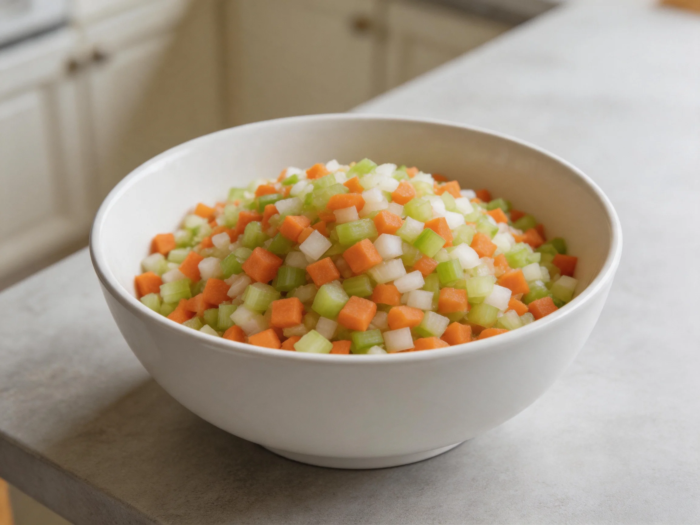 A white bowl holds a colorful medley of diced carrots, celery, and onions