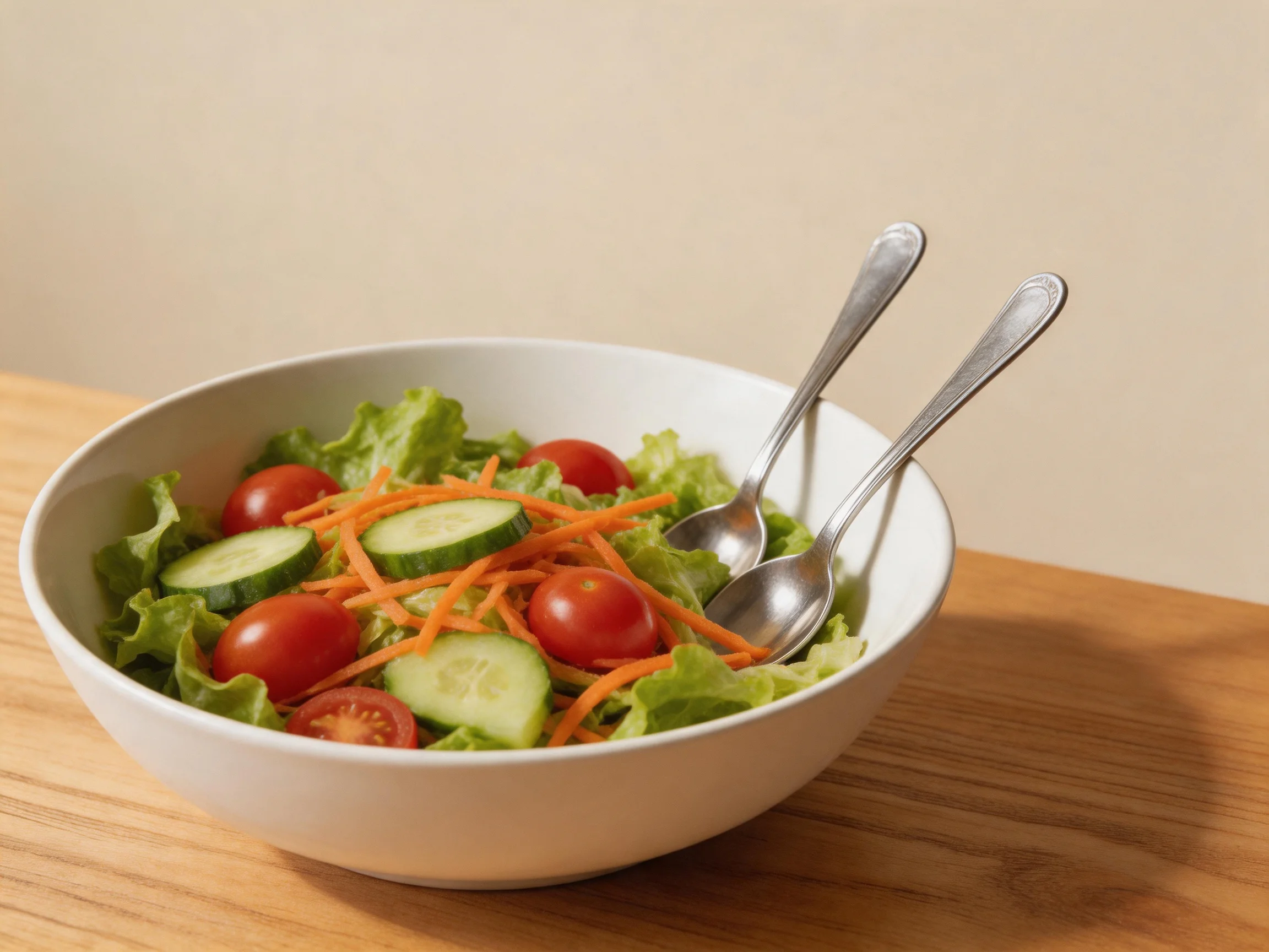 A white bowl holds a fresh salad with cherry tomatoes, cucumber slices, shredded carrots, and two spo