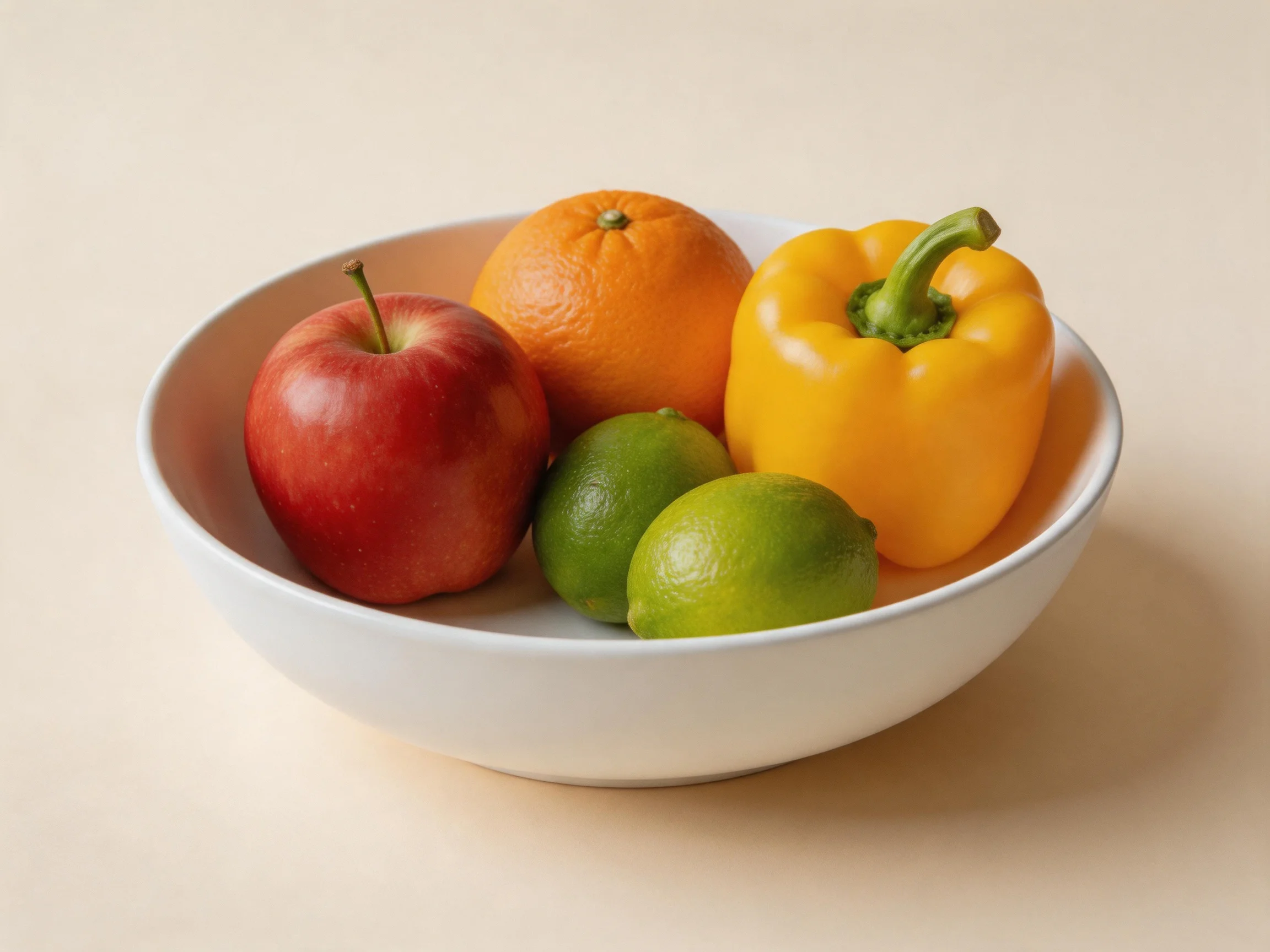 A white bowl holds a red apple, orange, two limes, and yellow bell pepper.