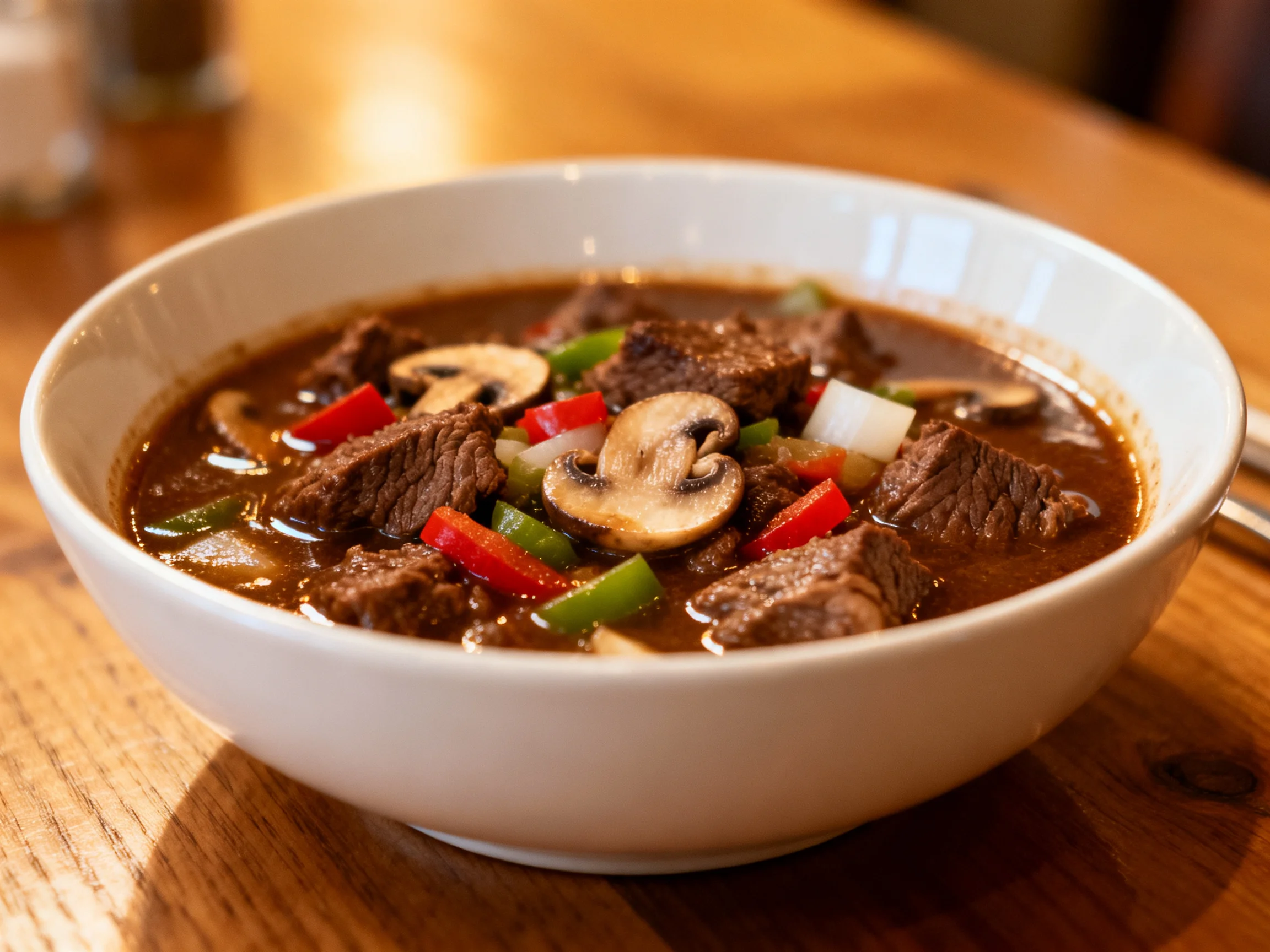 A white bowl holds beef stew with mushrooms, peppers, and onions