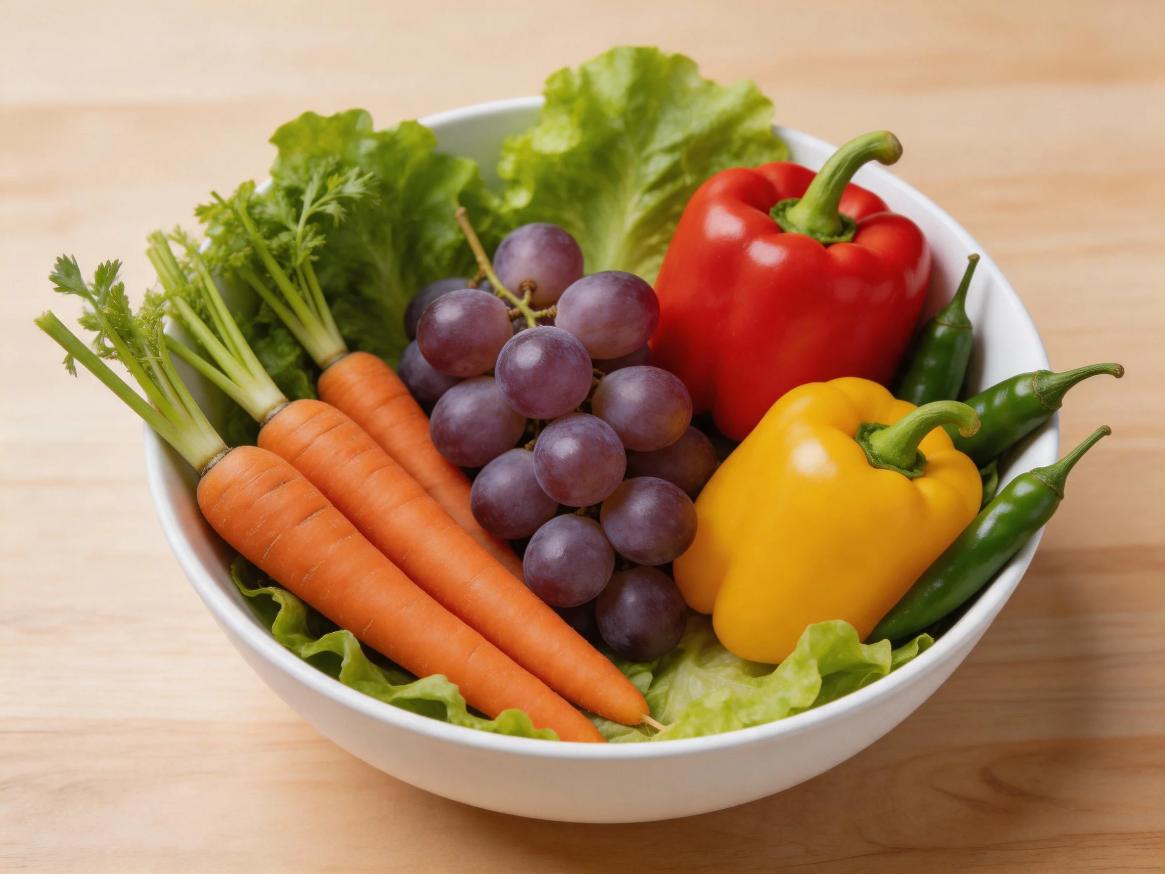 A white bowl holds carrots, grapes, red and yellow bell peppers, green chilies, and lettuce.