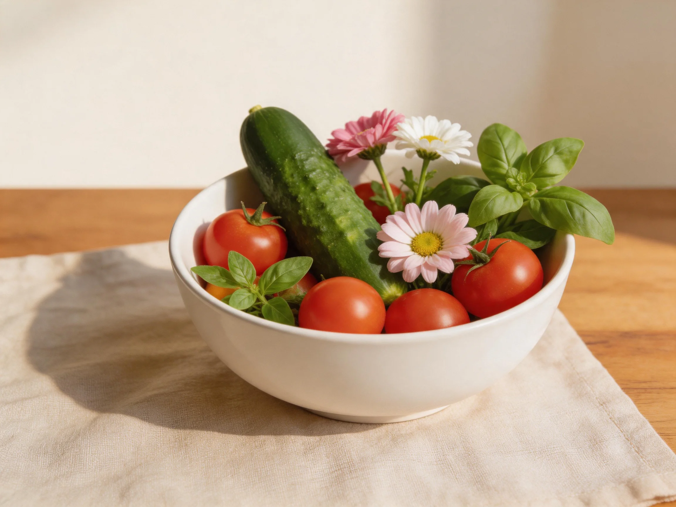 A white bowl holds cherry tomatoes, a cucumber, flowers, and basil leaves
